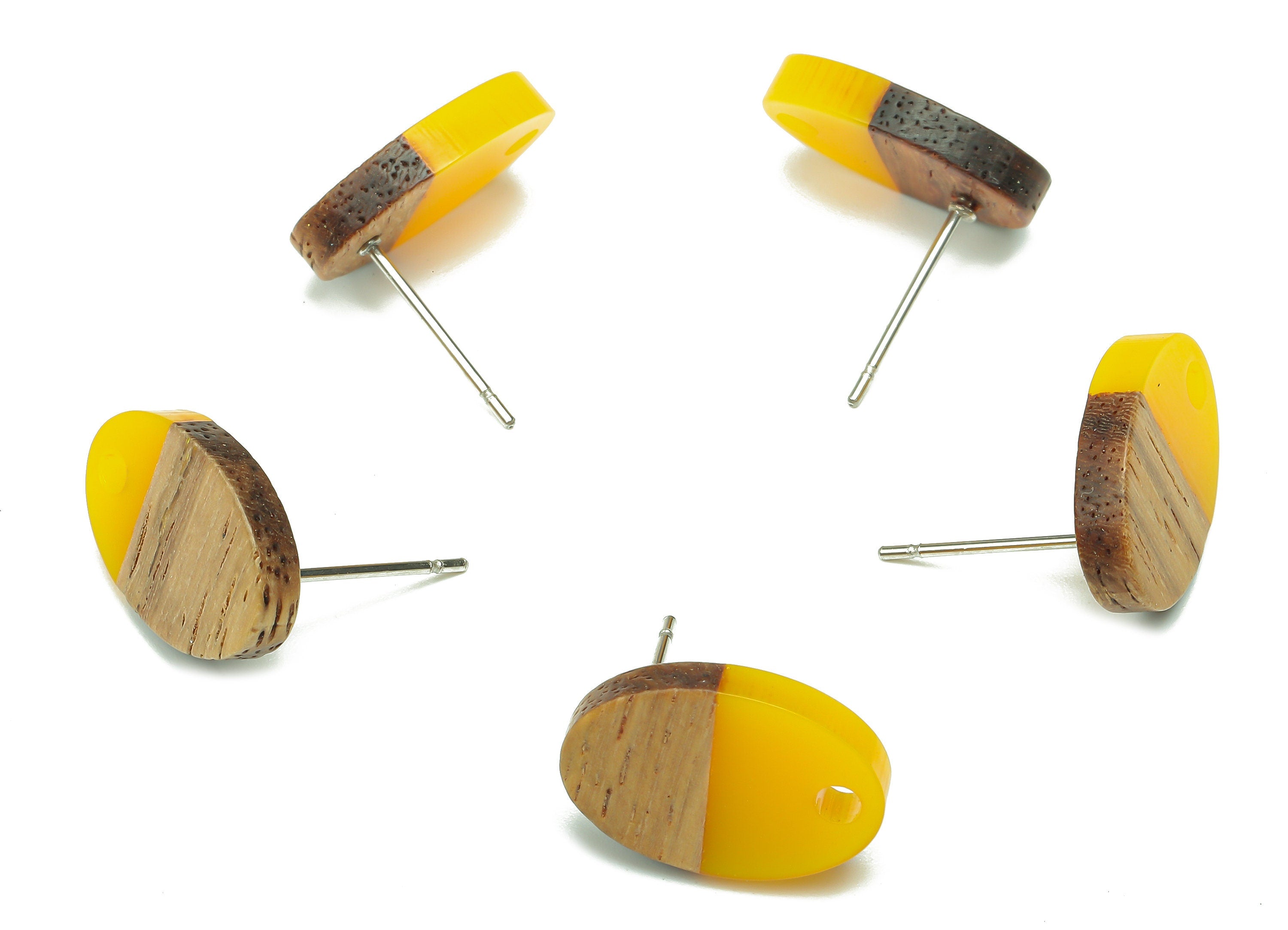 Natural Wooden Oval Earring Stud - Walnut Wood Yellow Resin Ellipse Earring Post - 316 Stainless Steel Stud - 15.6x10.23x2.42mm - BB1258F - DOMEDBAZAAR