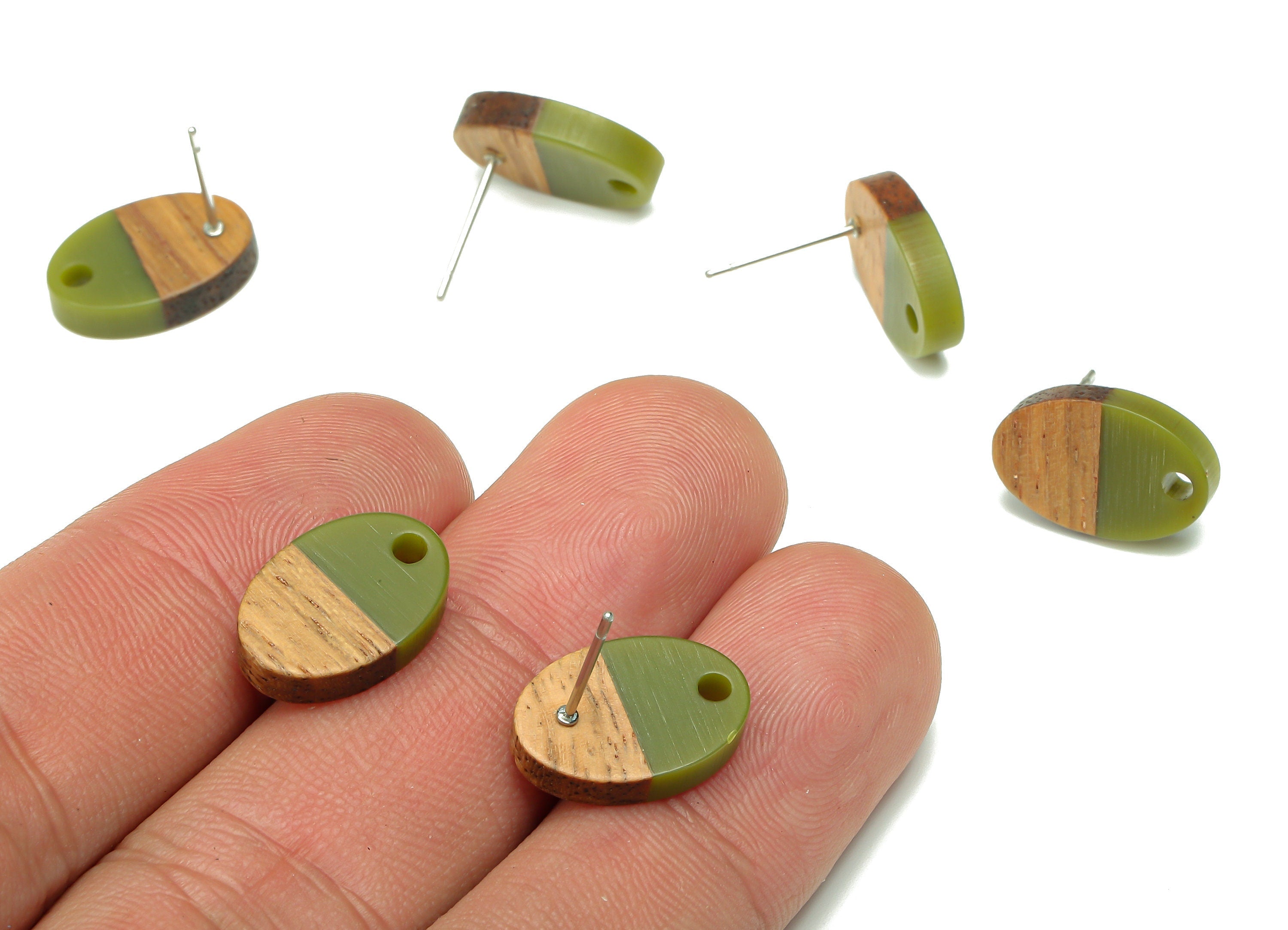 Natural Wooden Oval Earring Stud - Walnut Wood Green Resin Ellipse Earring Post - 316 Stainless Steel Stud - 15.6x10.23x2.42mm - BB1258E - DOMEDBAZAAR