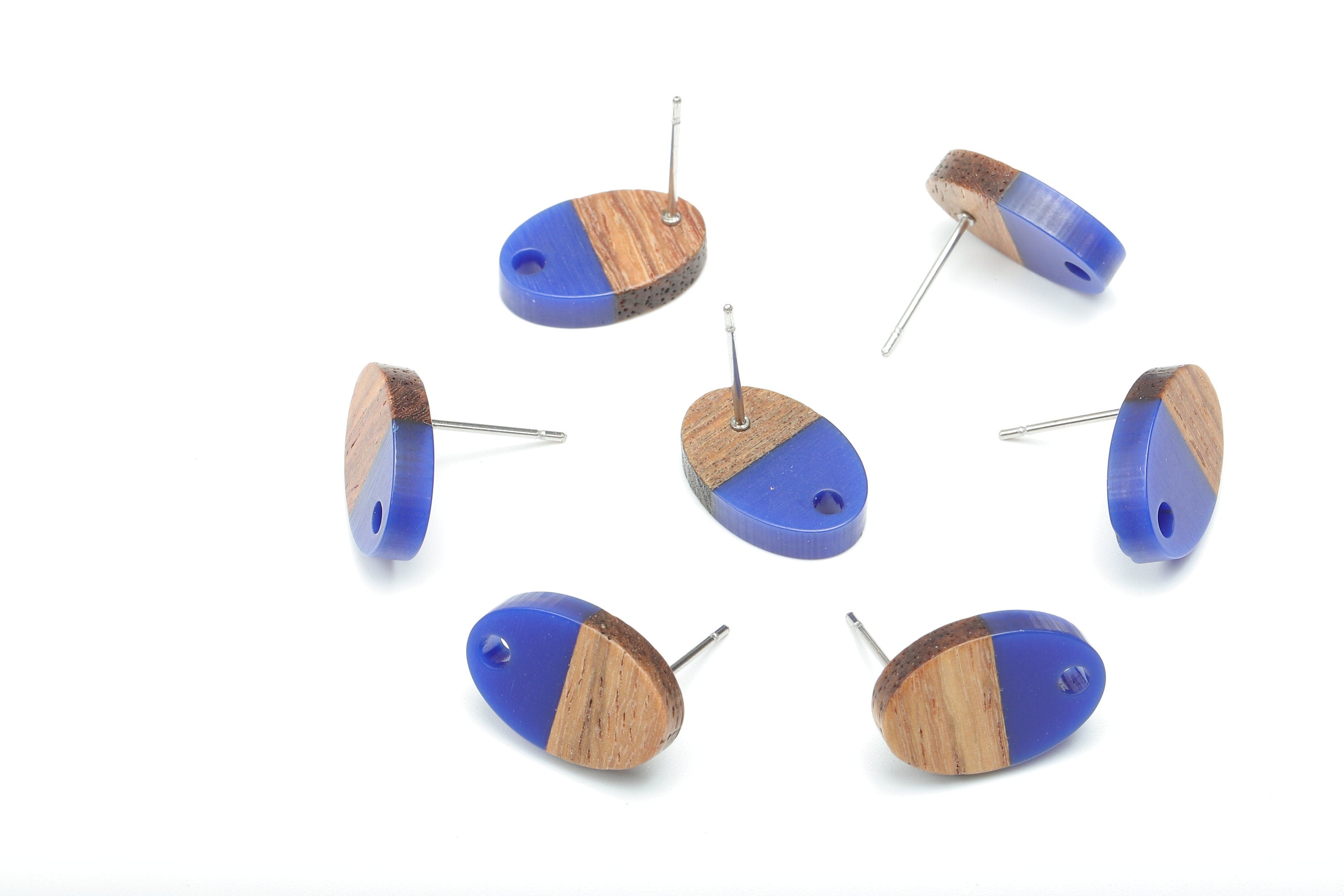 Natural Wooden Oval Earring Stud - Walnut Wood Dark Blue Resin Ellipse Earring Post - 316 Stainless Steel Stud - 15.6x10.23x2.42mm - BB1258K - DOMEDBAZAAR