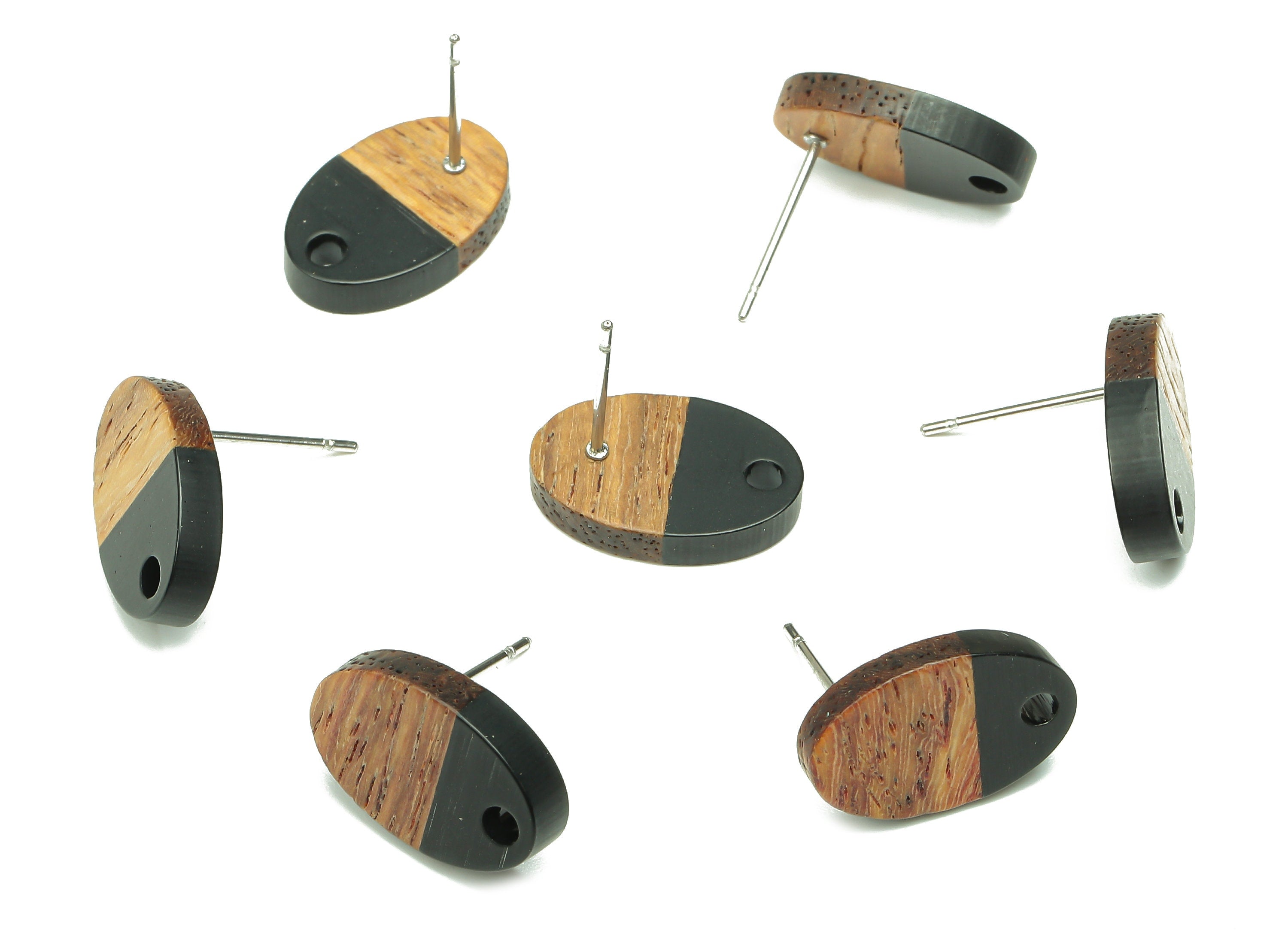 Natural Wooden Oval Earring Stud - Walnut Wood Black Resin Ellipse Earring Post - 316 Stainless Steel Stud - 15.6x10.23x2.42mm - BB1258M - DOMEDBAZAAR