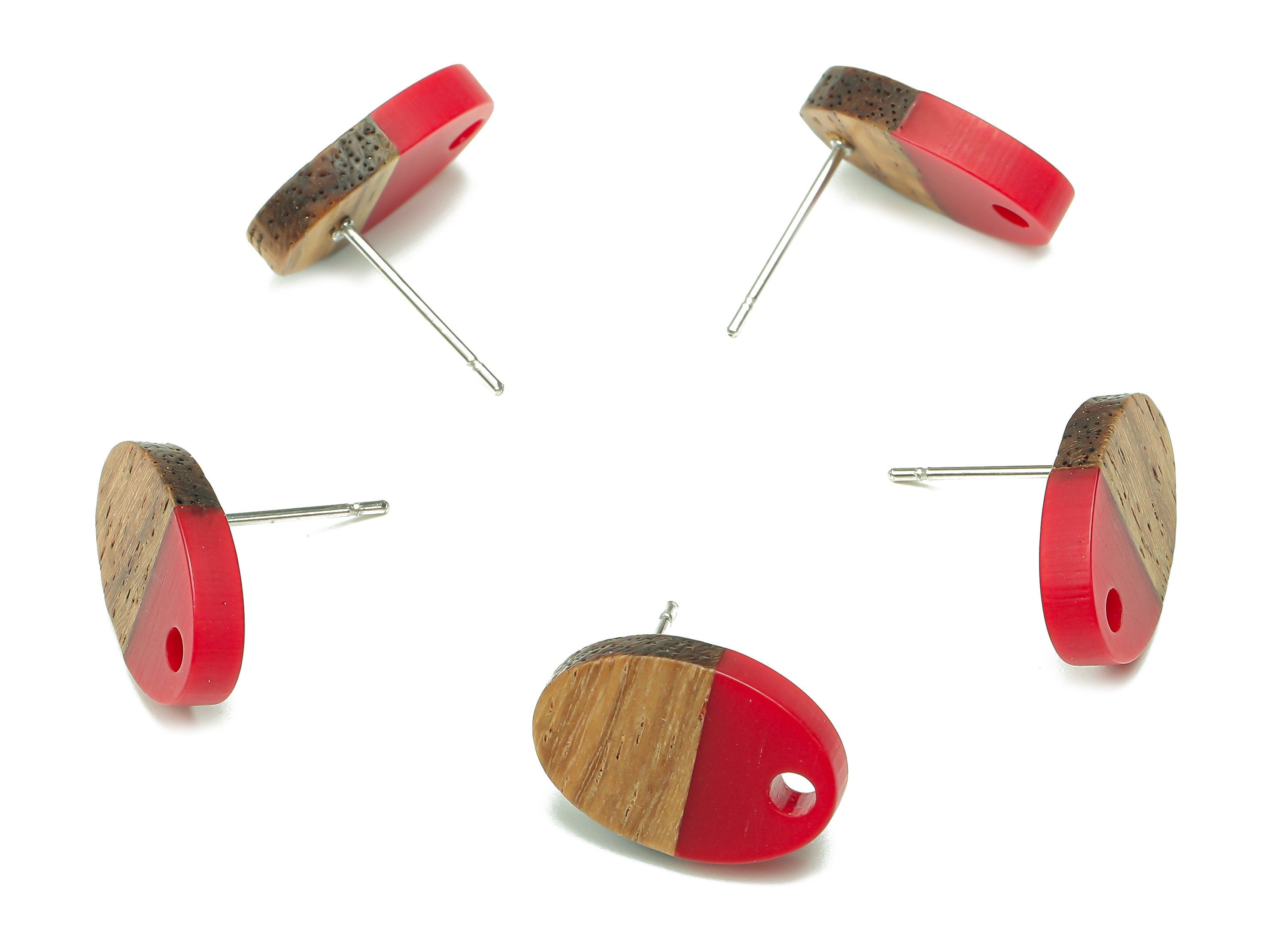 Natural Wooden Oval Earring Stud - Walnut Wood Red Resin Ellipse Earring Post - 316 Stainless Steel Stud - 15.6x10.23x2.42mm - BB1258R - DOMEDBAZAAR