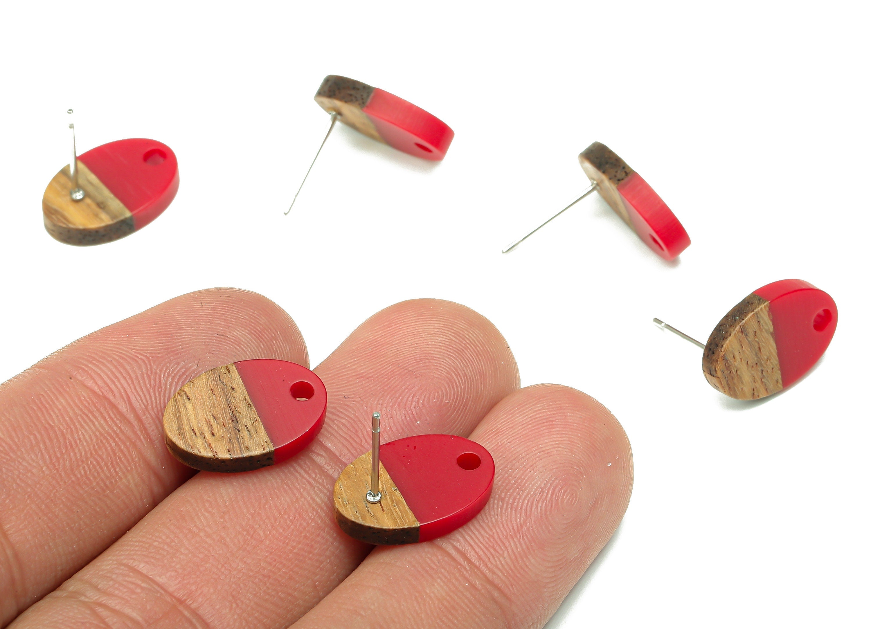 Natural Wooden Oval Earring Stud - Walnut Wood Red Resin Ellipse Earring Post - 316 Stainless Steel Stud - 15.6x10.23x2.42mm - BB1258R - DOMEDBAZAAR