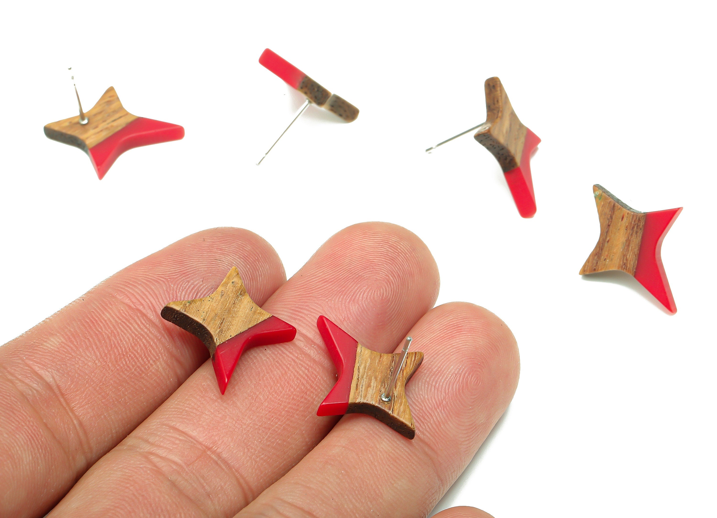 Natural Wooden North Star Earring - Walnut Wood Red Resin Four-Pointed Star Earring Post - 316 Stainless Steel Stud -20.1x17.1x3.1mm-BB1259D - DOMEDBAZAAR