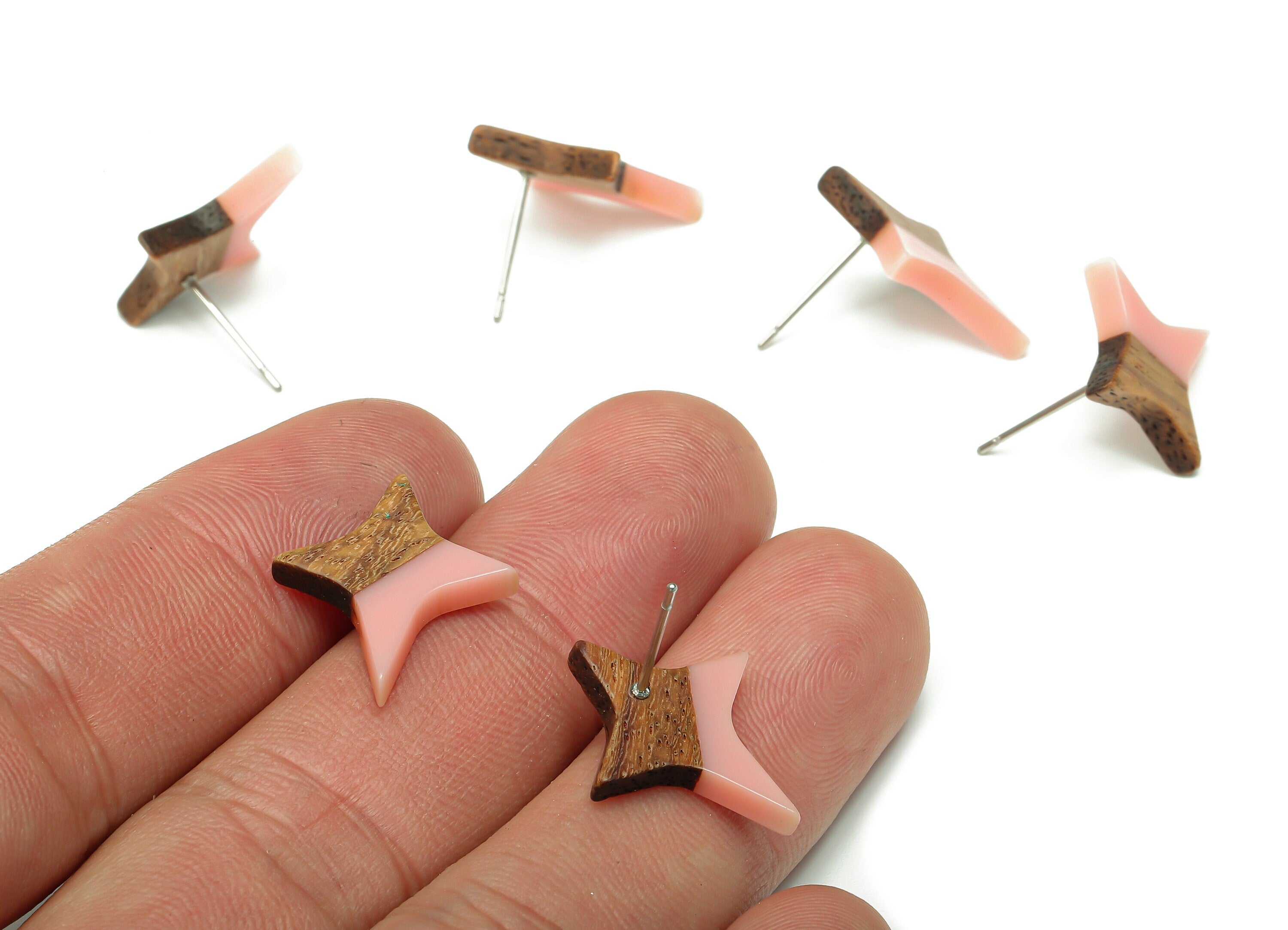 Natural Wooden North Star Earring - Walnut Wood Pink Resin Four-Pointed Star Earring Post - 316 Stainless Steel Stud-20.1x17.1x3.1mm-BB1259H - DOMEDBAZAAR