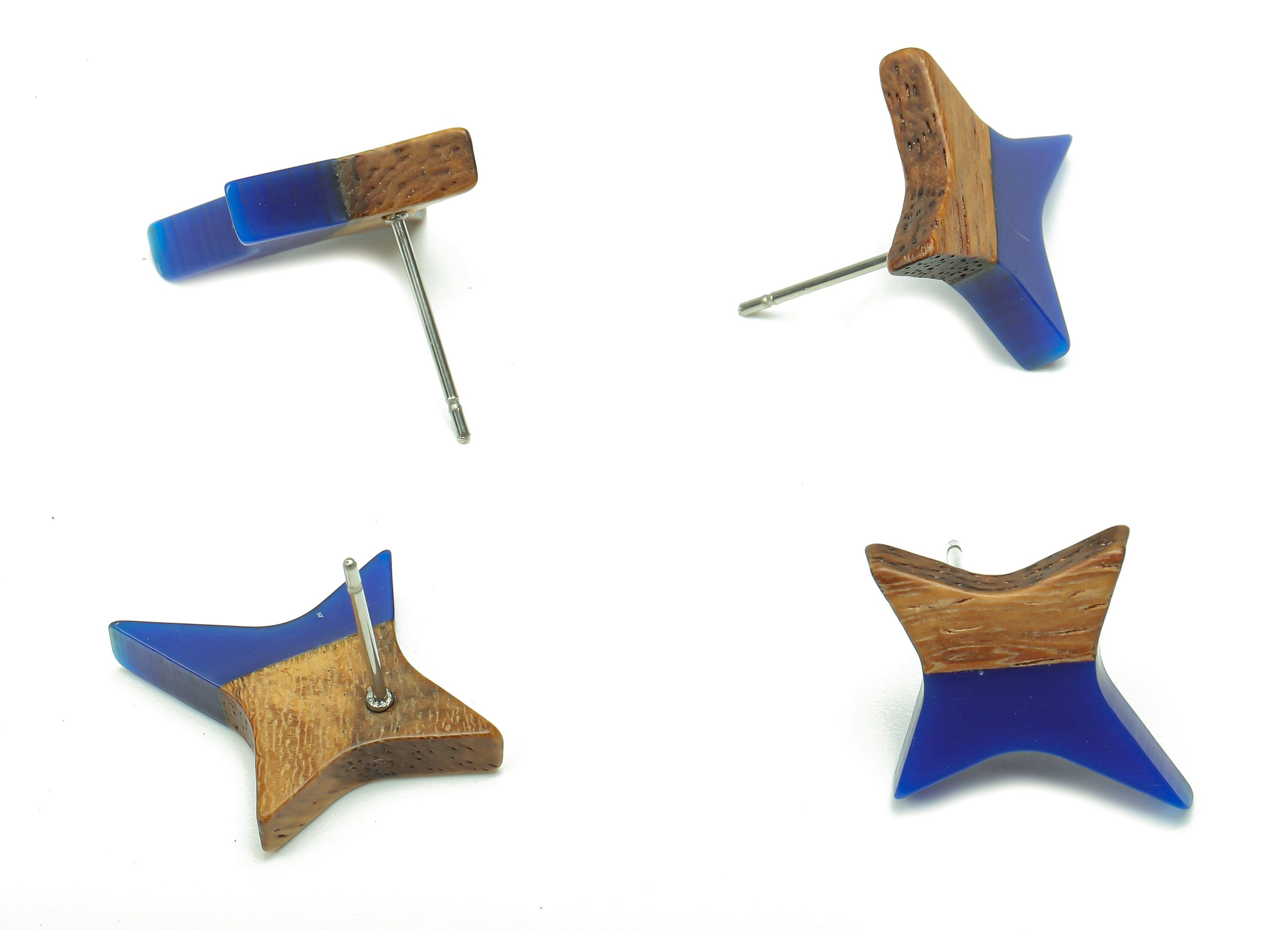 Natural Wooden North Star Earring - Walnut Wood Blue Resin Four-Pointed Star Earring Post - 316 Stainless Steel Stud-20.1x17.1x3.1mm-BB1259N - DOMEDBAZAAR