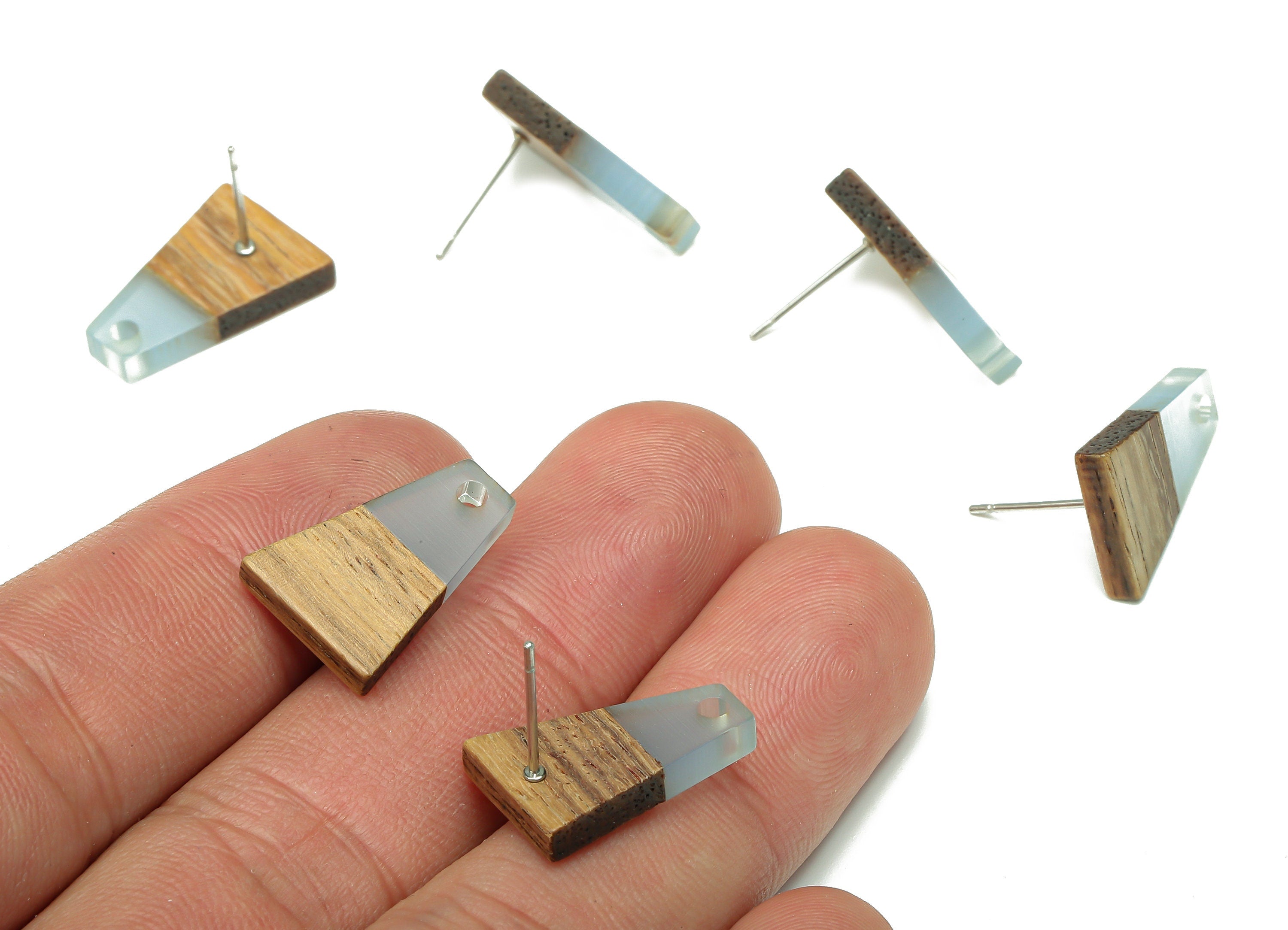 Natural Wooden Trapezoid Earring Stud - Walnut Wood Light Blue Resin Earring Post - 316 Stainless Steel Stud - 17.86x12.37x2.5mm - BB1260F - DOMEDBAZAAR
