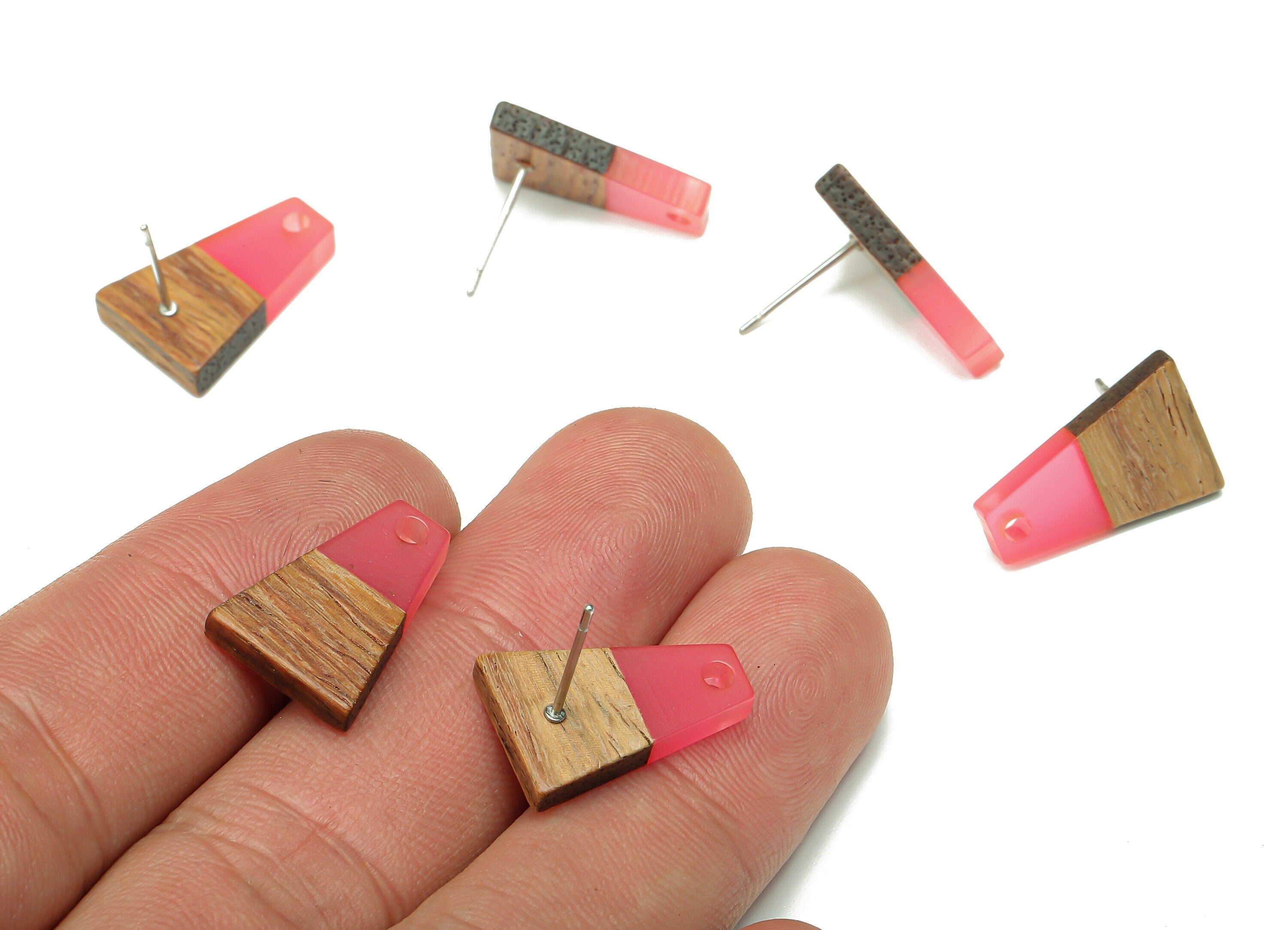 Natural Wooden Trapezoid Earring Stud - Walnut Wood Light Red Resin Earring Post - 316 Stainless Steel Stud - 17.86x12.37x2.5mm - BB1260K - DOMEDBAZAAR