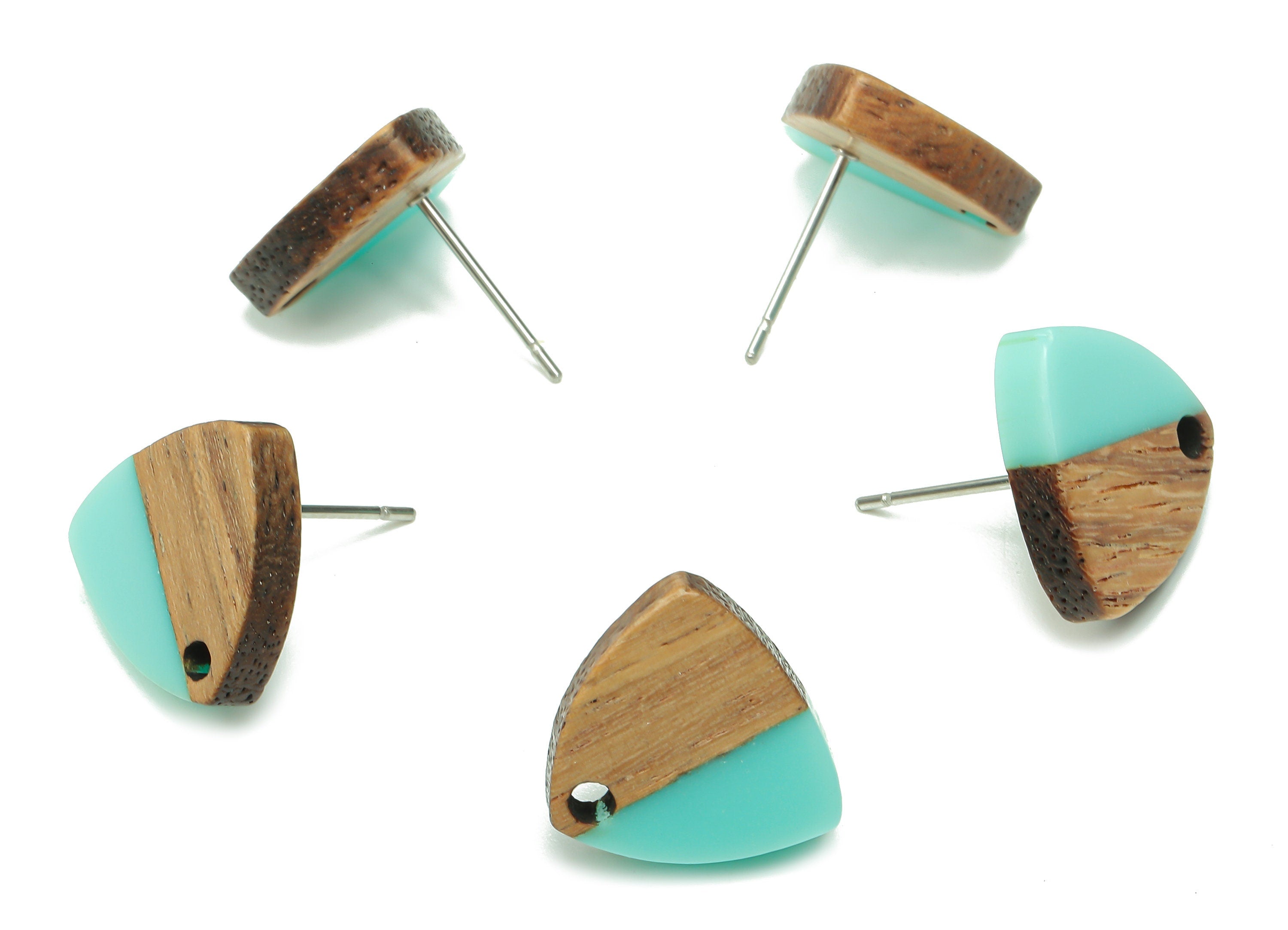 Natural Wooden Shield Earring Stud - Walnut Wood Aqua Resin Earring Post - 316 Stainless Steel Stud - 14.1x13.1x3.6mm - BB1263R - DOMEDBAZAAR