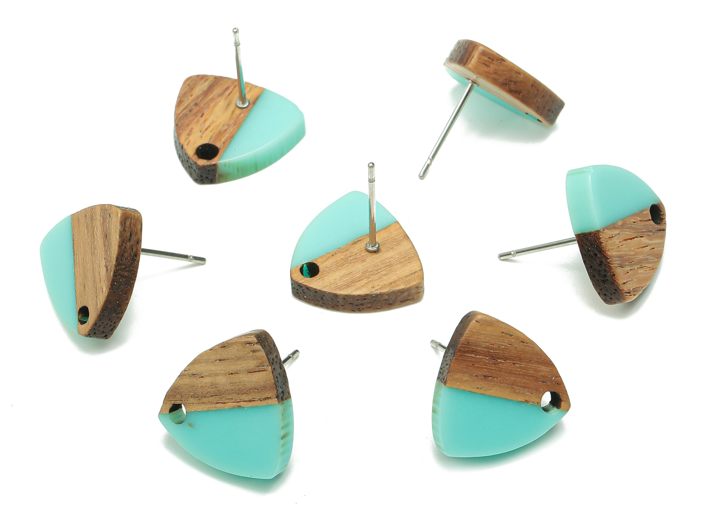 Natural Wooden Shield Earring Stud - Walnut Wood Aqua Resin Earring Post - 316 Stainless Steel Stud - 14.1x13.1x3.6mm - BB1263R - DOMEDBAZAAR
