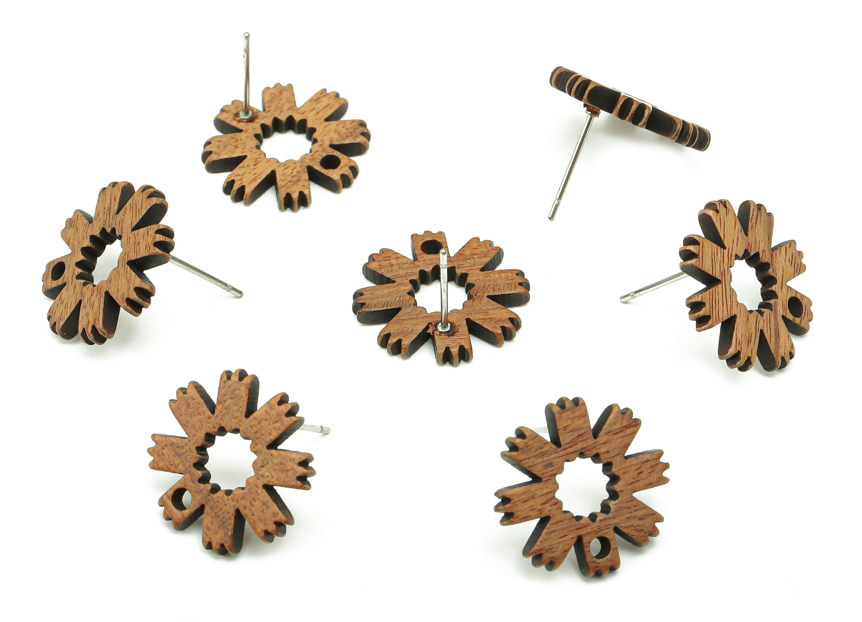 Natural Wooden Flower Earring Stud - Walnut Wood Flower Brown Earring Post - Stainless Steel Stud - 17.27x17.27x2.21mm - BB1268 - DOMEDBAZAAR