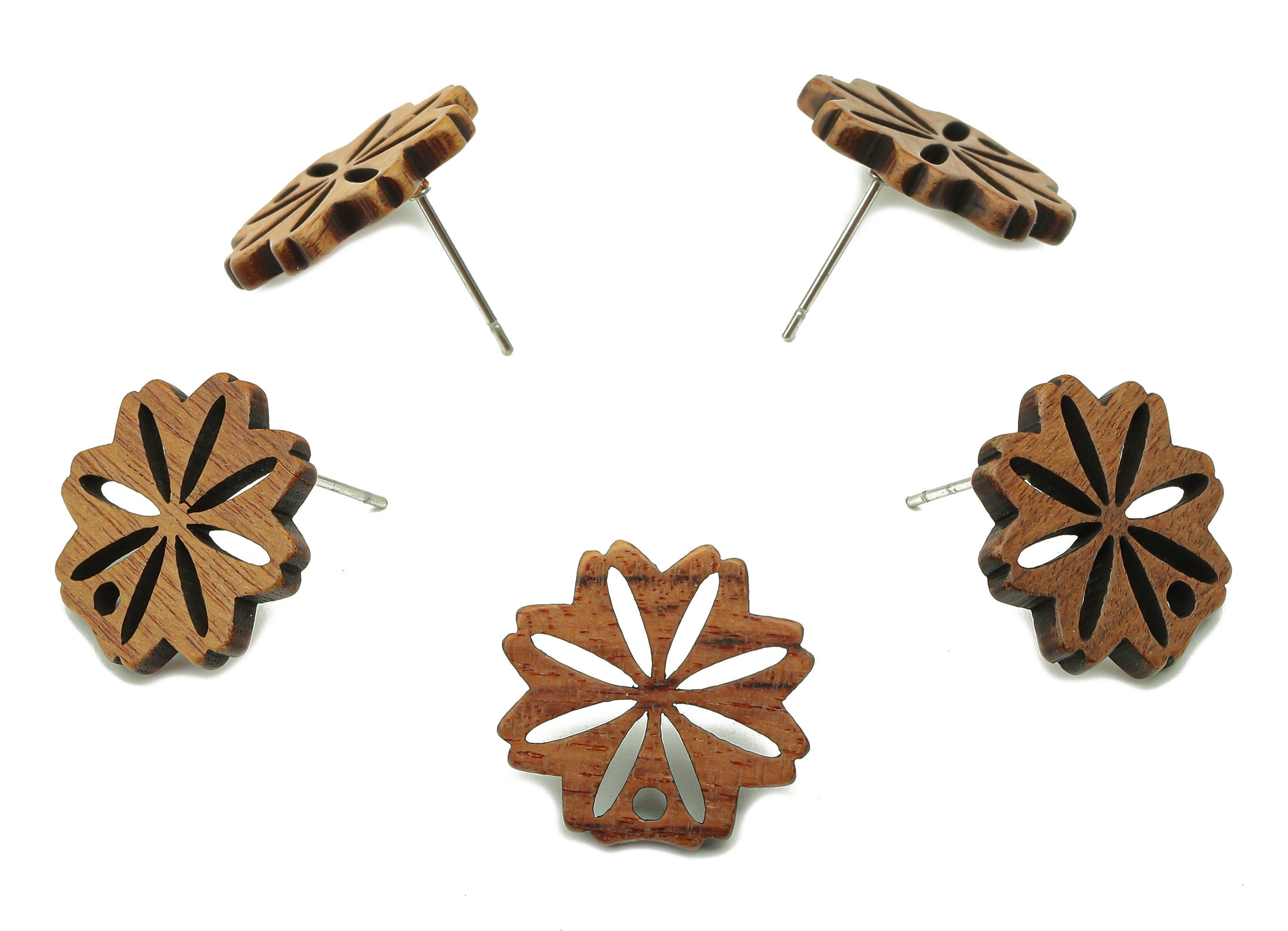 Natural Wooden Flower Earring Stud - Walnut Wood Flower Brown Earring Post - Stainless Steel Stud - 17.23x16.98x2.86mm - BB1271 - DOMEDBAZAAR
