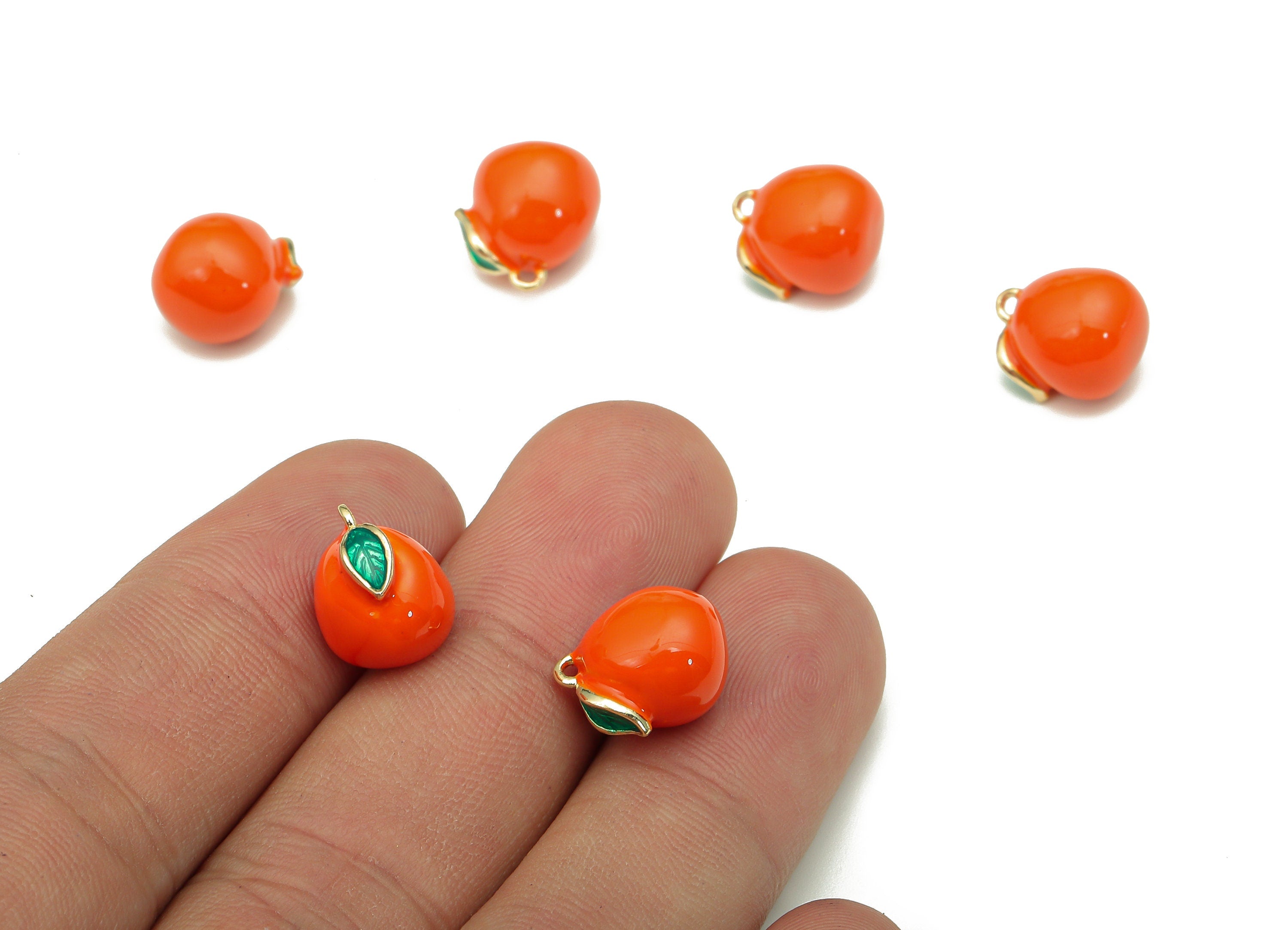 Brass Orange Earring Charm - Enamel Mini Fruit Charm - Fruit Pendant With Loop - 18K Real Gold Plating - 12.5x11.5x9.9mm - RGP5322 - DOMEDBAZAAR