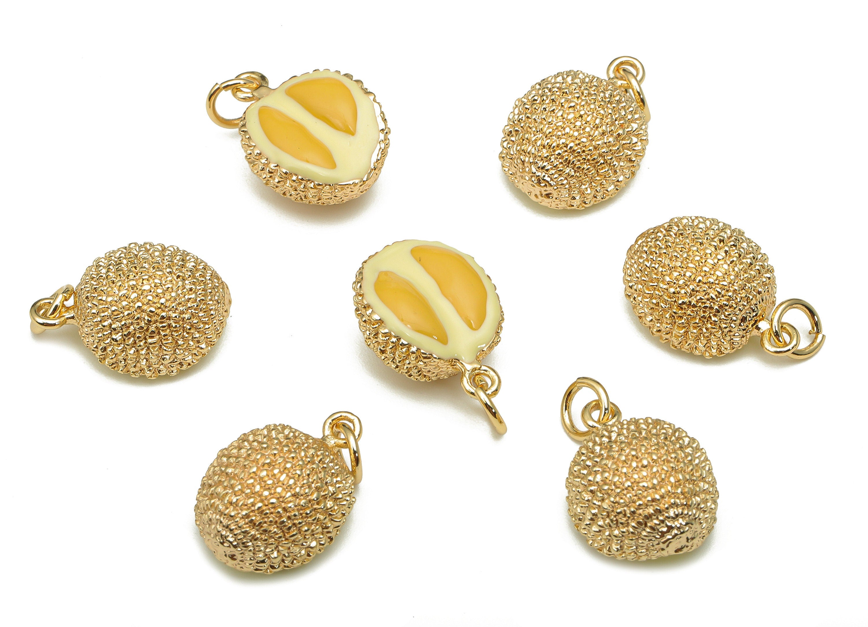 Brass Durian Earring Charm - Enamel Yellow Mini Fruit Charm - Fruit Pendant With Loop - 18K Real Gold Plating - 16.3x11.6x7.6mm - RGP5324 - DOMEDBAZAAR