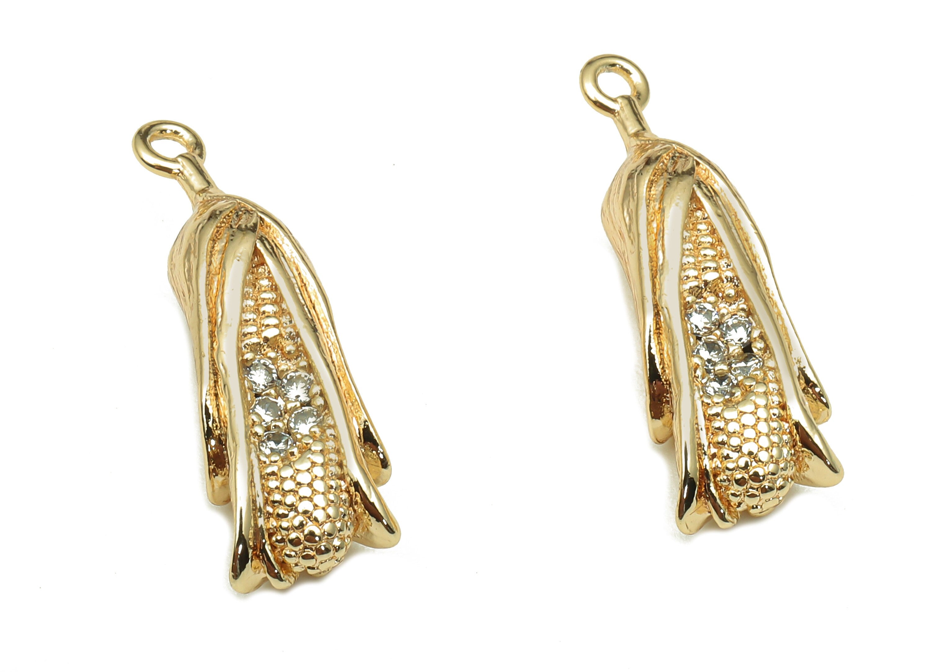 Brass Corn Earring Charm - Gold Zircon Cornhusk Vegetable Charm - Maize Pendant With Loop - 18K Real Gold Plating - 21.5x6.8x6mm - RGP5329 - DOMEDBAZAAR