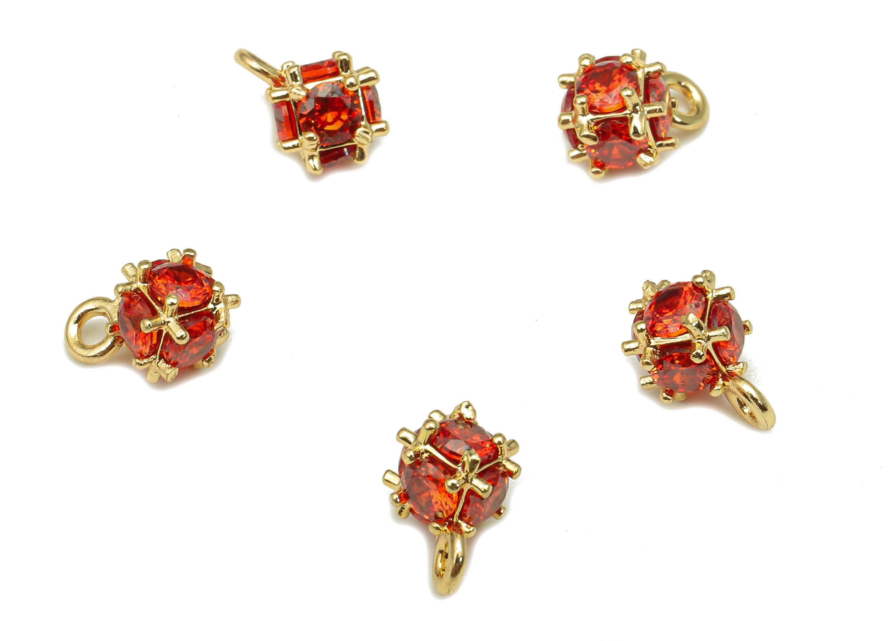 Brass Mini Cube Earring Charm - Earring With Red Zircon - Cube Pendant With Loop - Fruit Charm - 18K Real Gold Plating - 9x6x6mm - RGP5313 - DOMEDBAZAAR