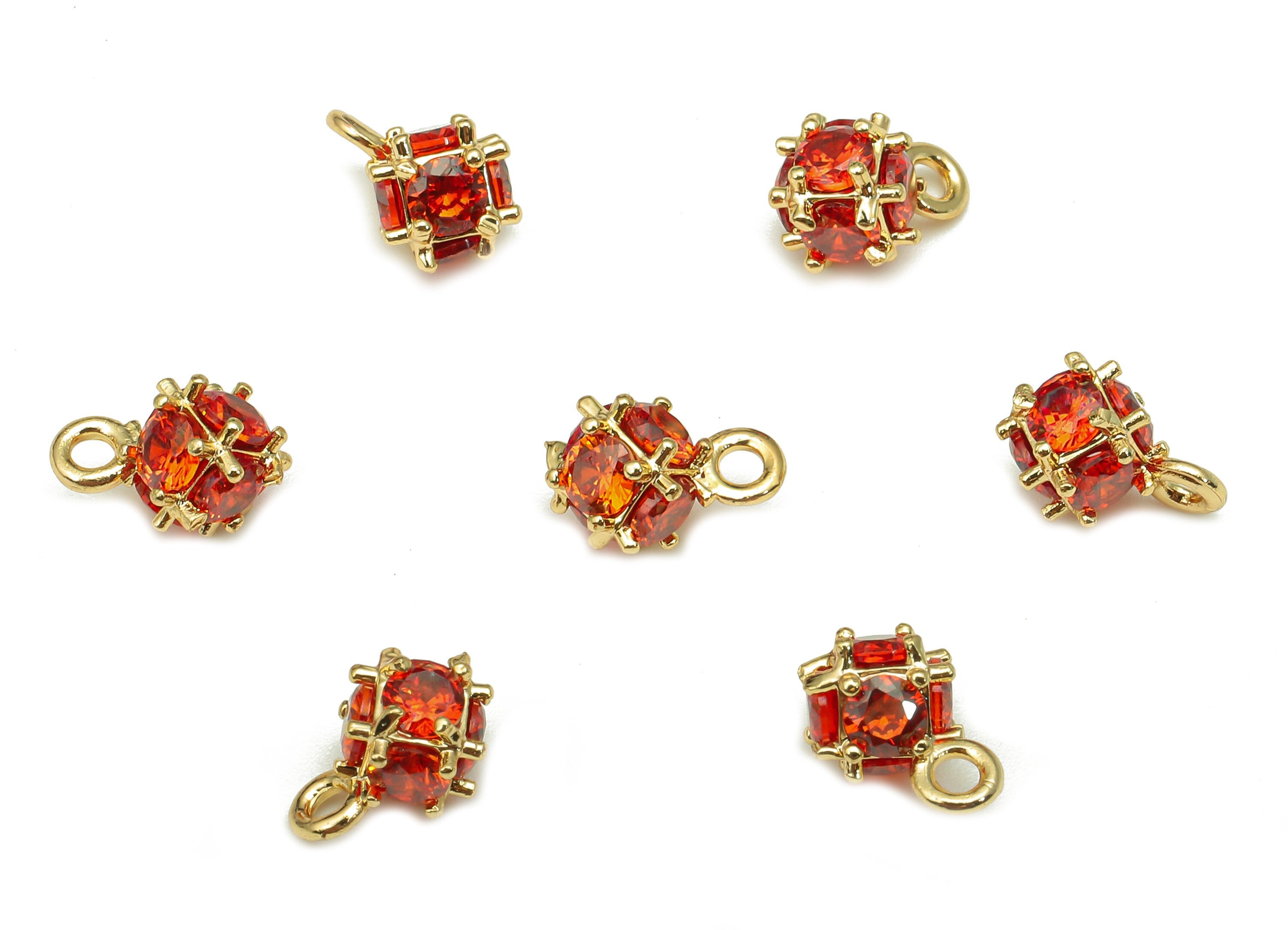Brass Mini Cube Earring Charm - Earring With Red Zircon - Cube Pendant With Loop - Fruit Charm - 18K Real Gold Plating - 9x6x6mm - RGP5313 - DOMEDBAZAAR