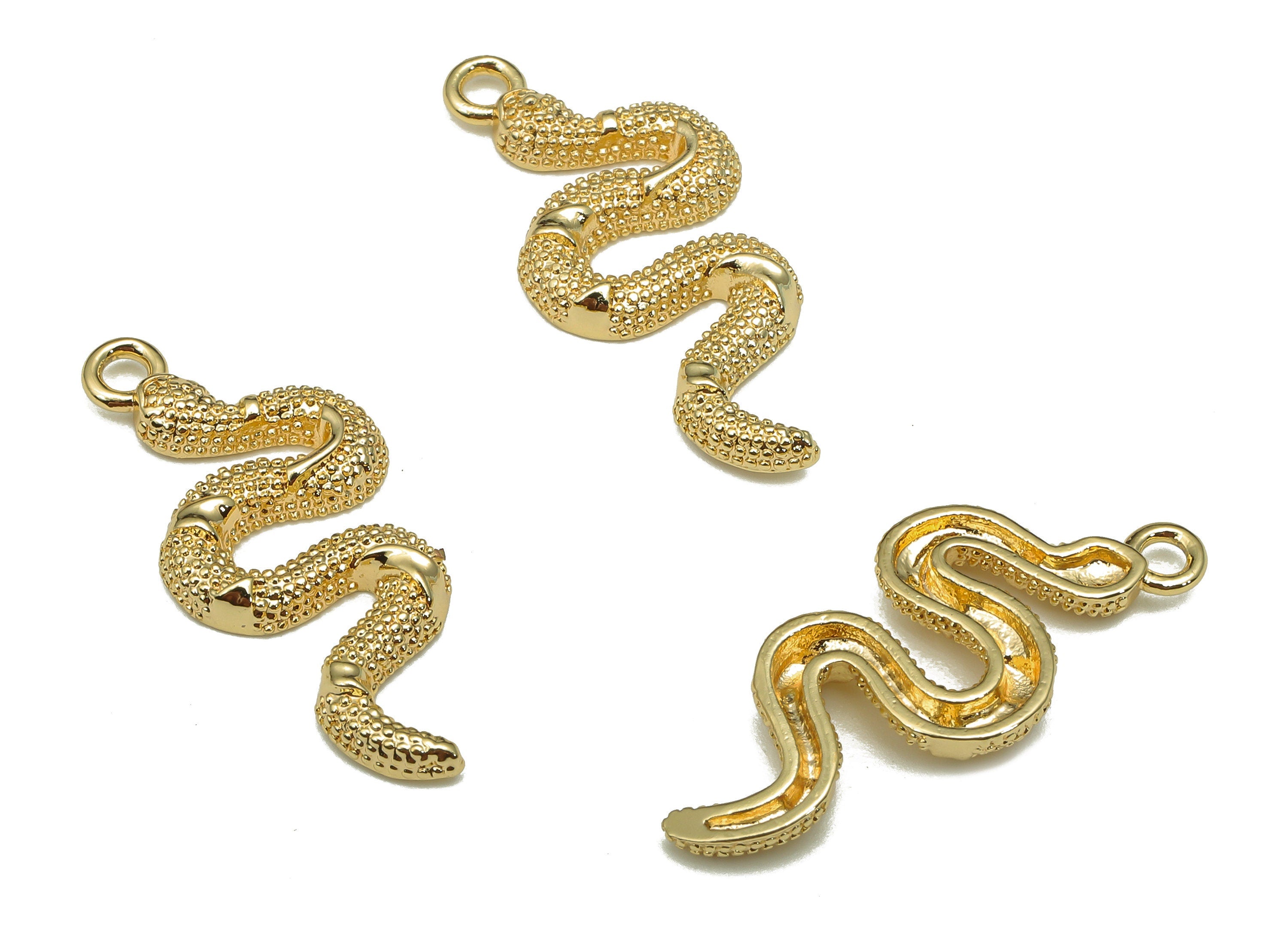 Brass Dot Snake Pendant - Gold Snake Spot Earring Charm - Pendant With Loop - For Necklace - 18K Real Gold Plating - 26.3x11.2x2.5mm-RGP5319 - DOMEDBAZAAR