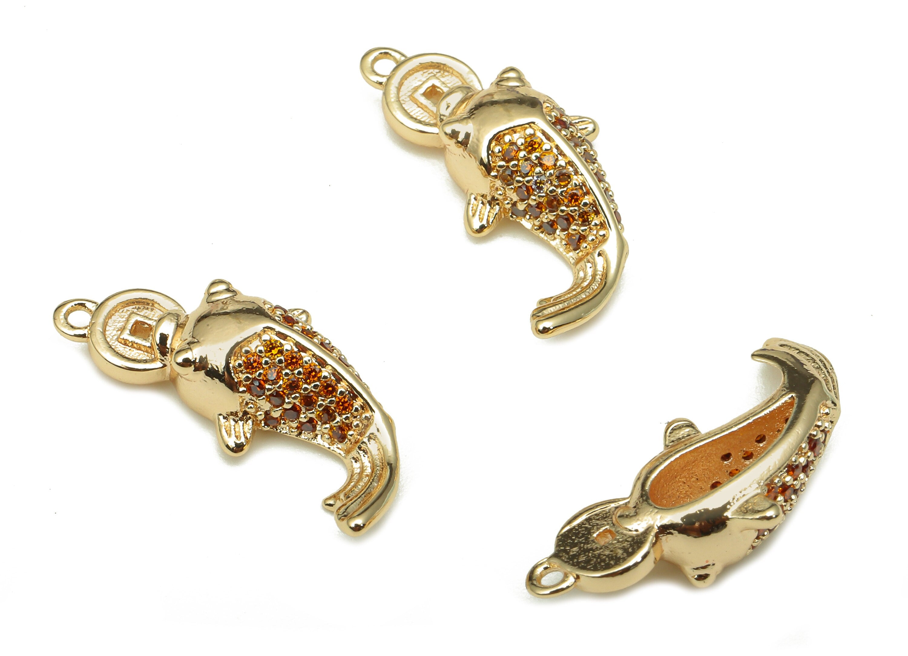 Brass Dot Fish Pendant - Zircon Spot Goldfish Earring - Charm With Loop - For Necklace - 18K Real Gold Plating - 18.5x8.2x4.9mm - RGP5328 - DOMEDBAZAAR