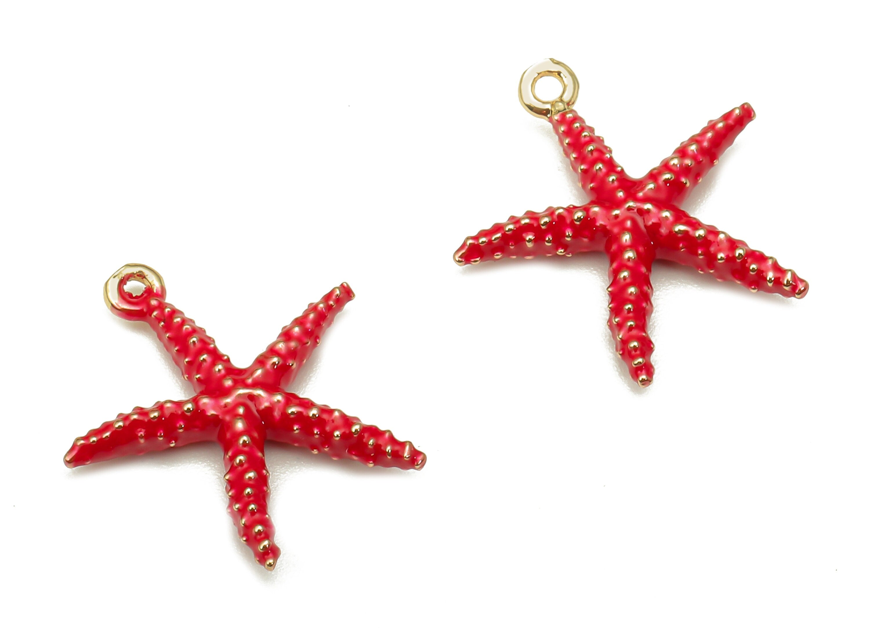 Brass Dot Red Starfish Pendant - Enamel Spot Starfish Earring - Charm With Loop - 18K Real Gold Plating - 15.8x14.5x2.5mm - RGP5325 - DOMEDBAZAAR