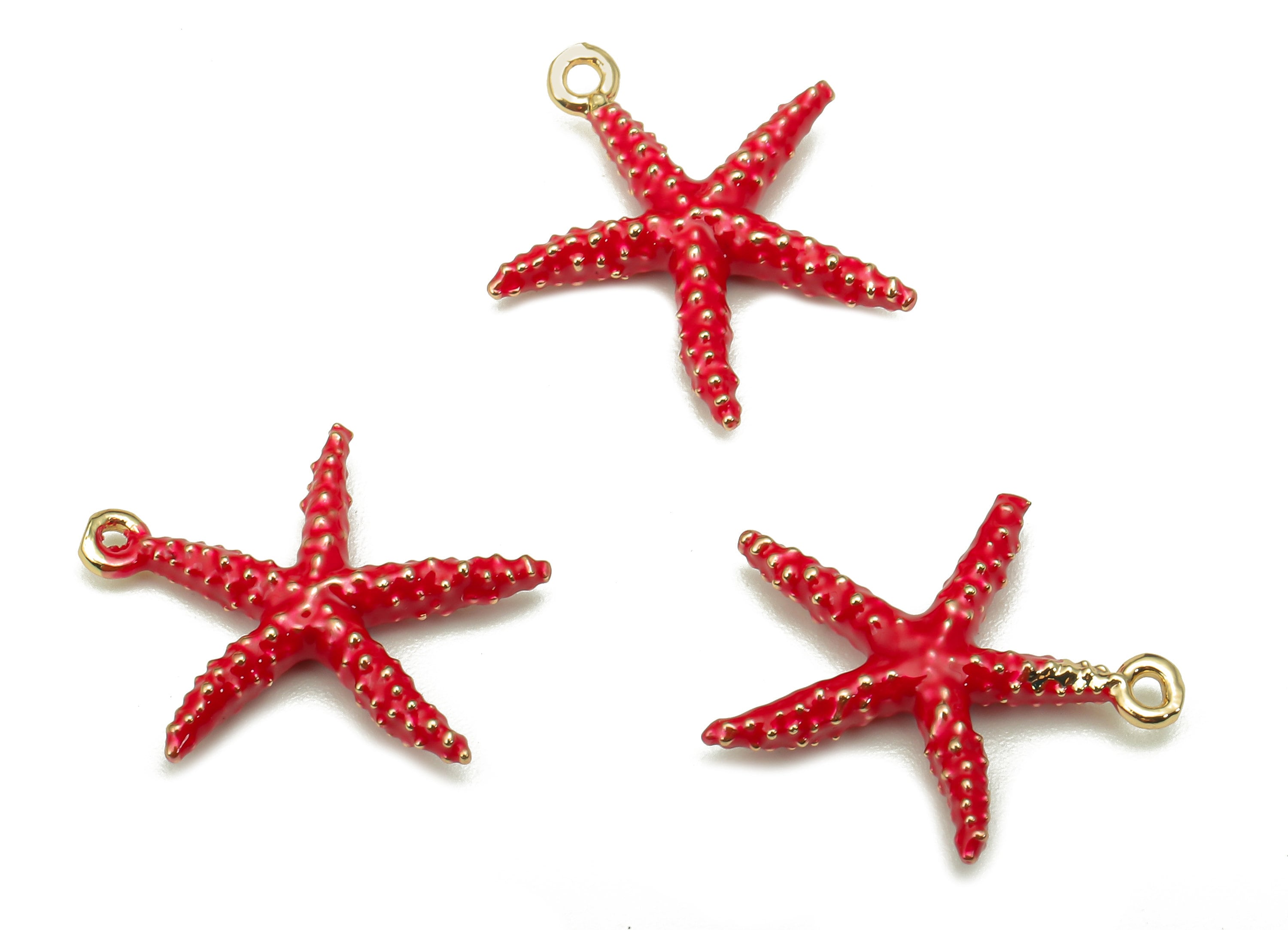 Brass Dot Red Starfish Pendant - Enamel Spot Starfish Earring - Charm With Loop - 18K Real Gold Plating - 15.8x14.5x2.5mm - RGP5325 - DOMEDBAZAAR