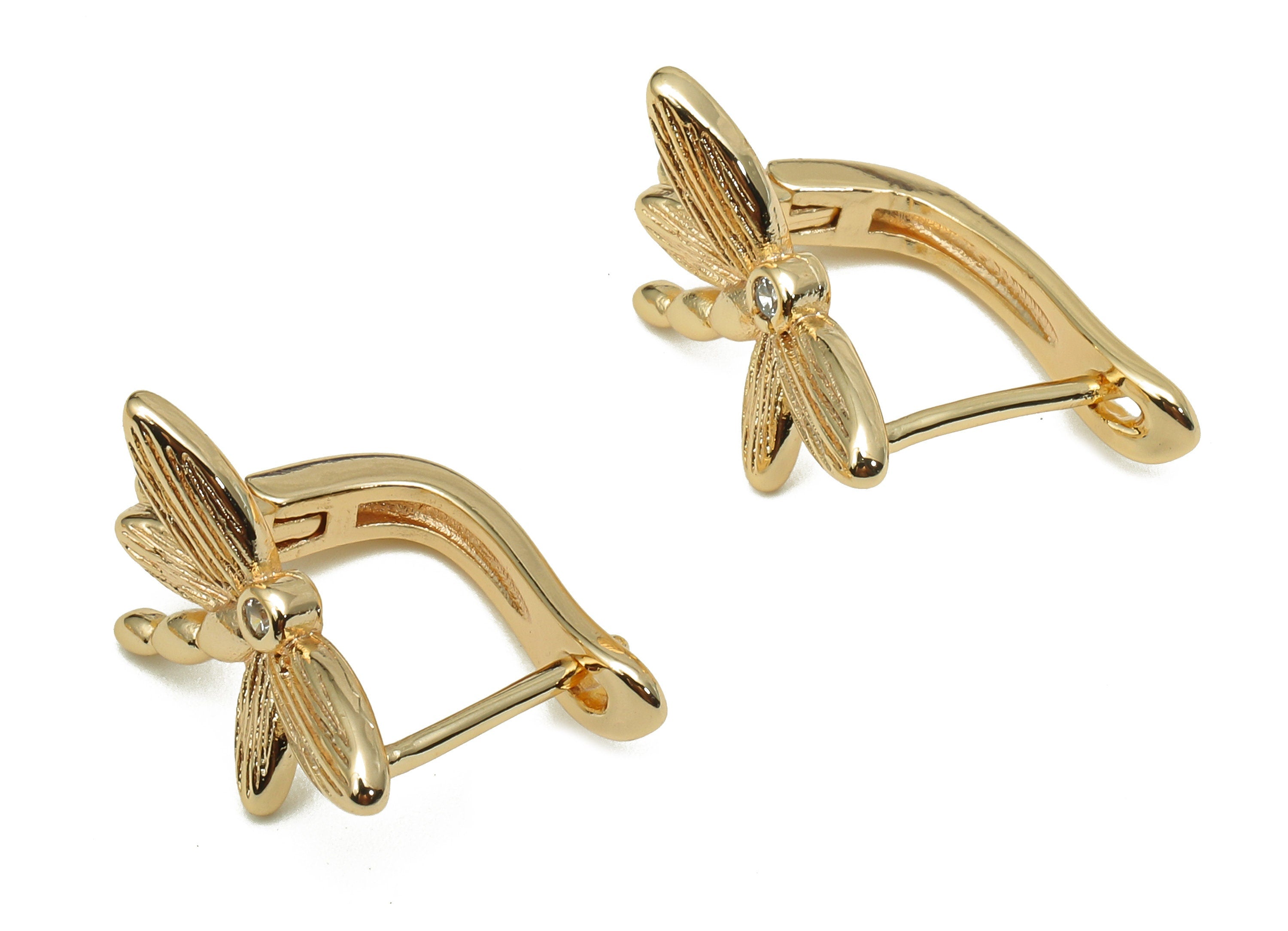 Brass Dragonfly Earring Clasps - Gold Huggie Earring With Zircon - Earring With loop - 18K Real Gold Plating - 19.1x12.1x1.8mm - RGP5320 - DOMEDBAZAAR
