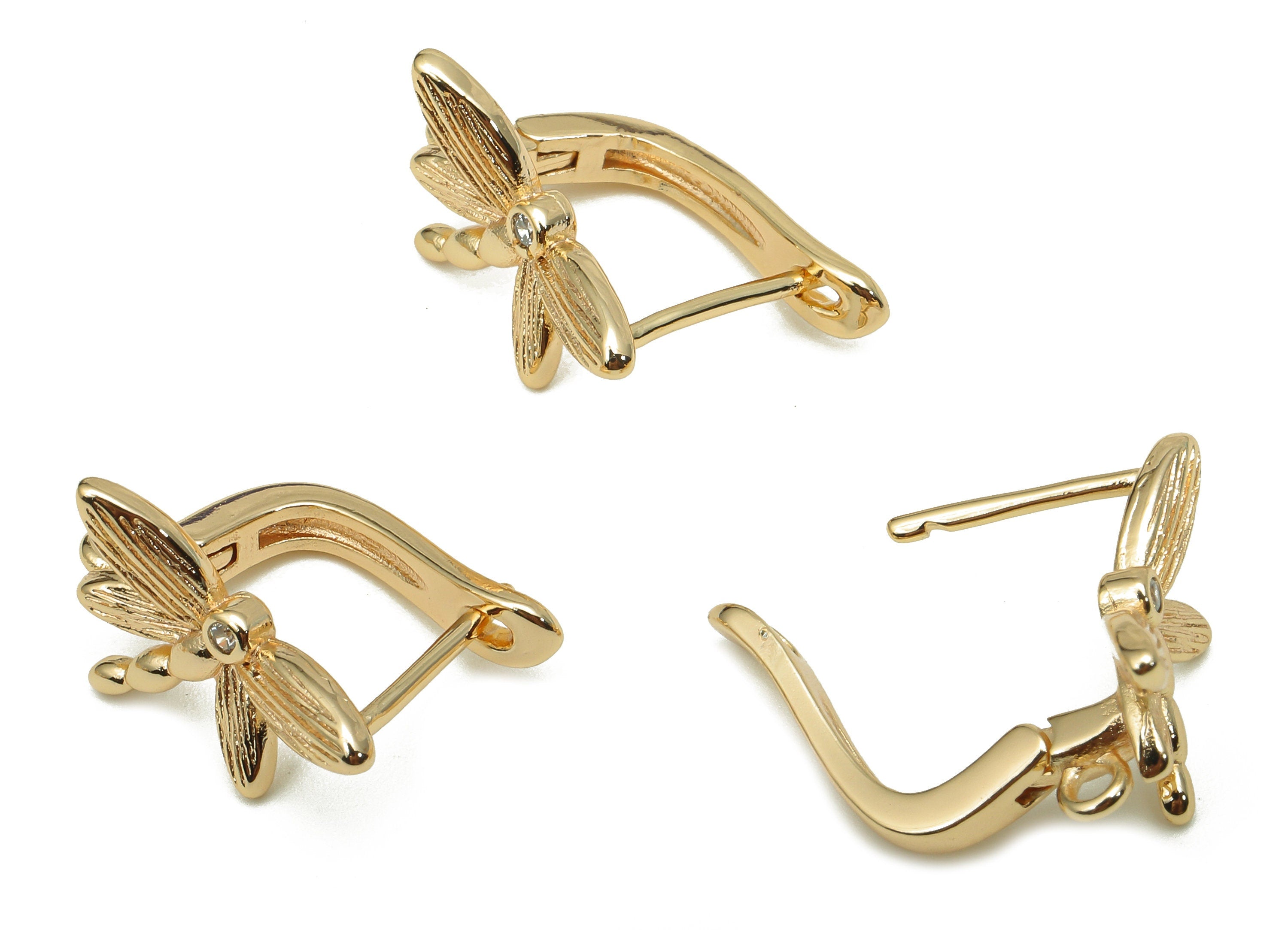 Brass Dragonfly Earring Clasps - Gold Huggie Earring With Zircon - Earring With loop - 18K Real Gold Plating - 19.1x12.1x1.8mm - RGP5320 - DOMEDBAZAAR