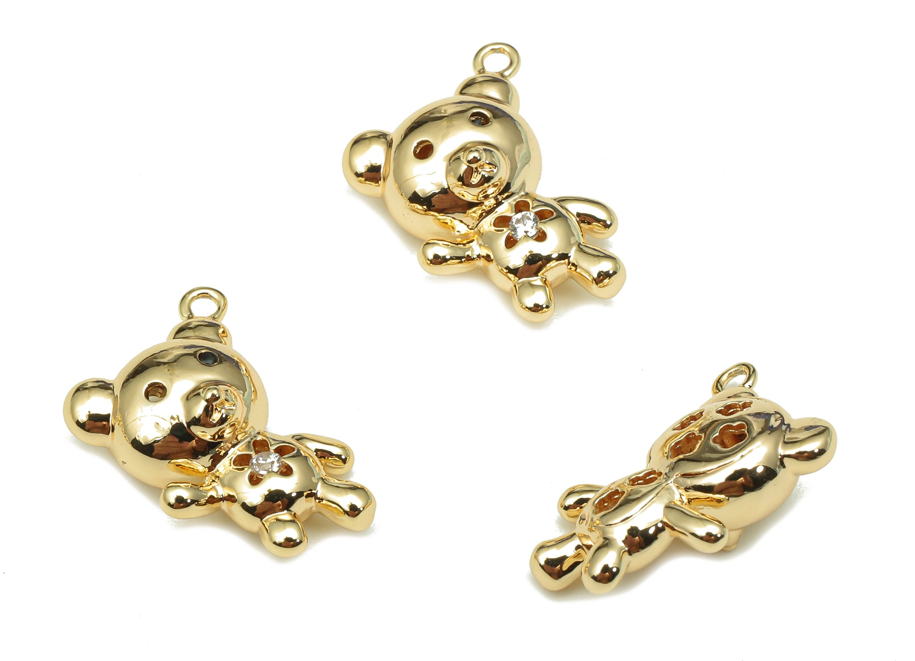 Brass Teddy Bear Charm - Zircon Baby Bear Earring - Animal Pendant With Loop - For Necklace - 18K Real Gold Plating - 15x10.8x6mm -RGP5315 - DOMEDBAZAAR
