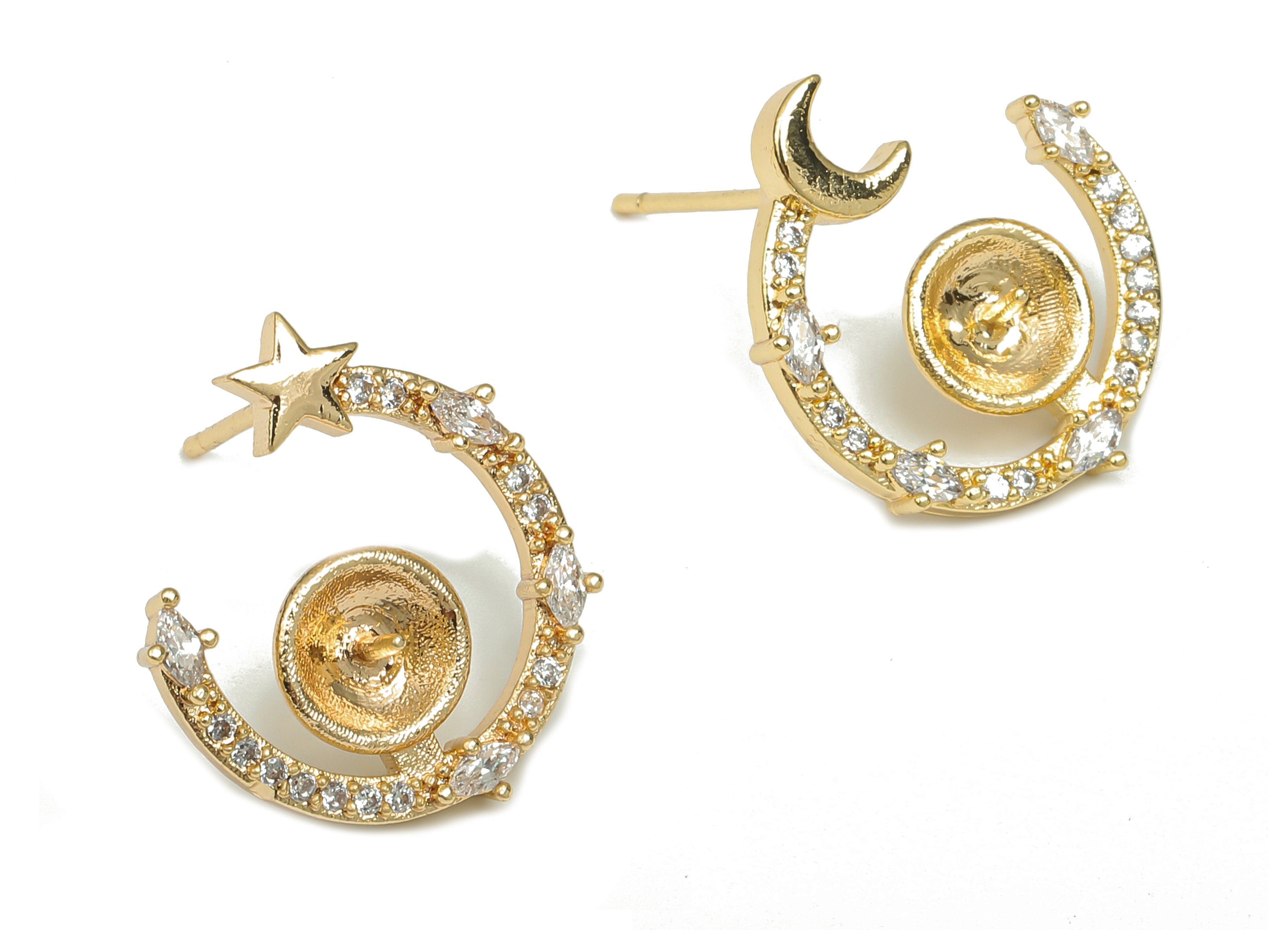 Brass Open Round Earring Stud - Zircon Crescent Star Post - 925 Silver Stud For Pearl - 18K Real Gold Plating - 15.5x14.9x2.7mm - RGP4612 - DOMEDBAZAAR