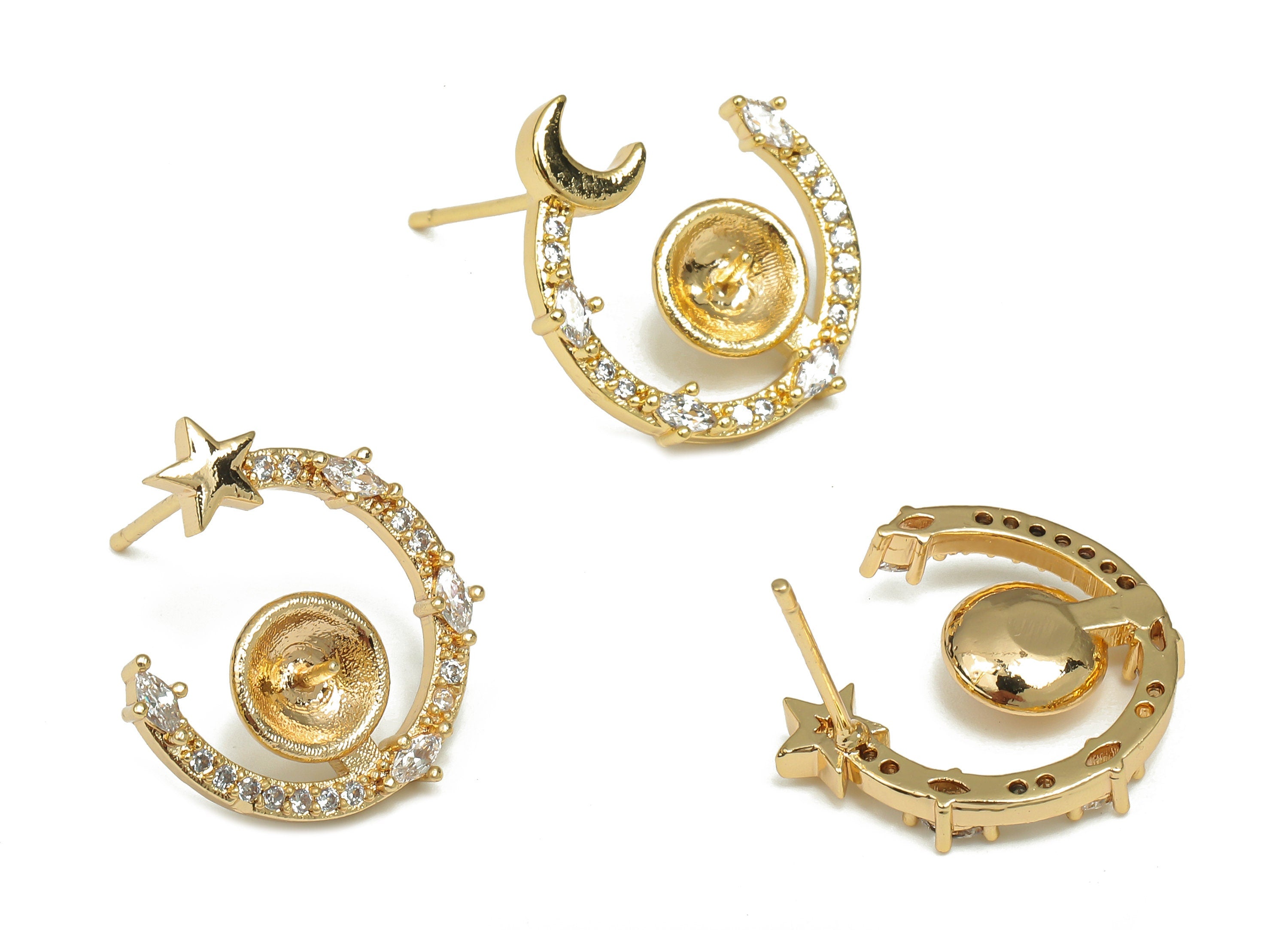Brass Open Round Earring Stud - Zircon Crescent Star Post - 925 Silver Stud For Pearl - 18K Real Gold Plating - 15.5x14.9x2.7mm - RGP4612 - DOMEDBAZAAR