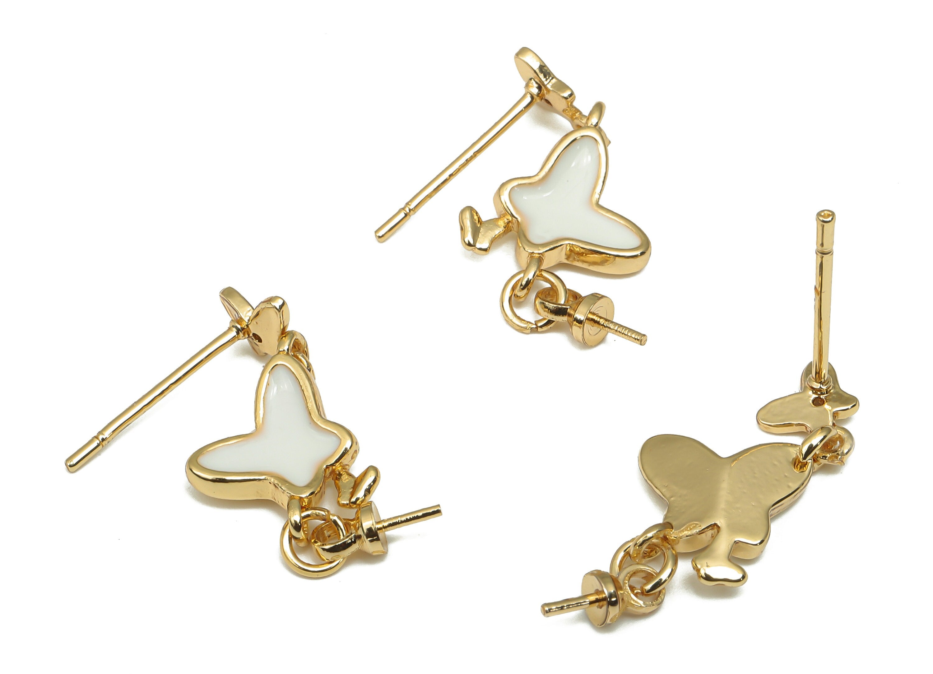 Brass Enamel Butterfly Earring Stud - Zircon Butterfly Post - 925 Silver Stud For Pearl - 18K Real Gold Plating - 26.04x8.8x2.9mm - RGP4614 - DOMEDBAZAAR