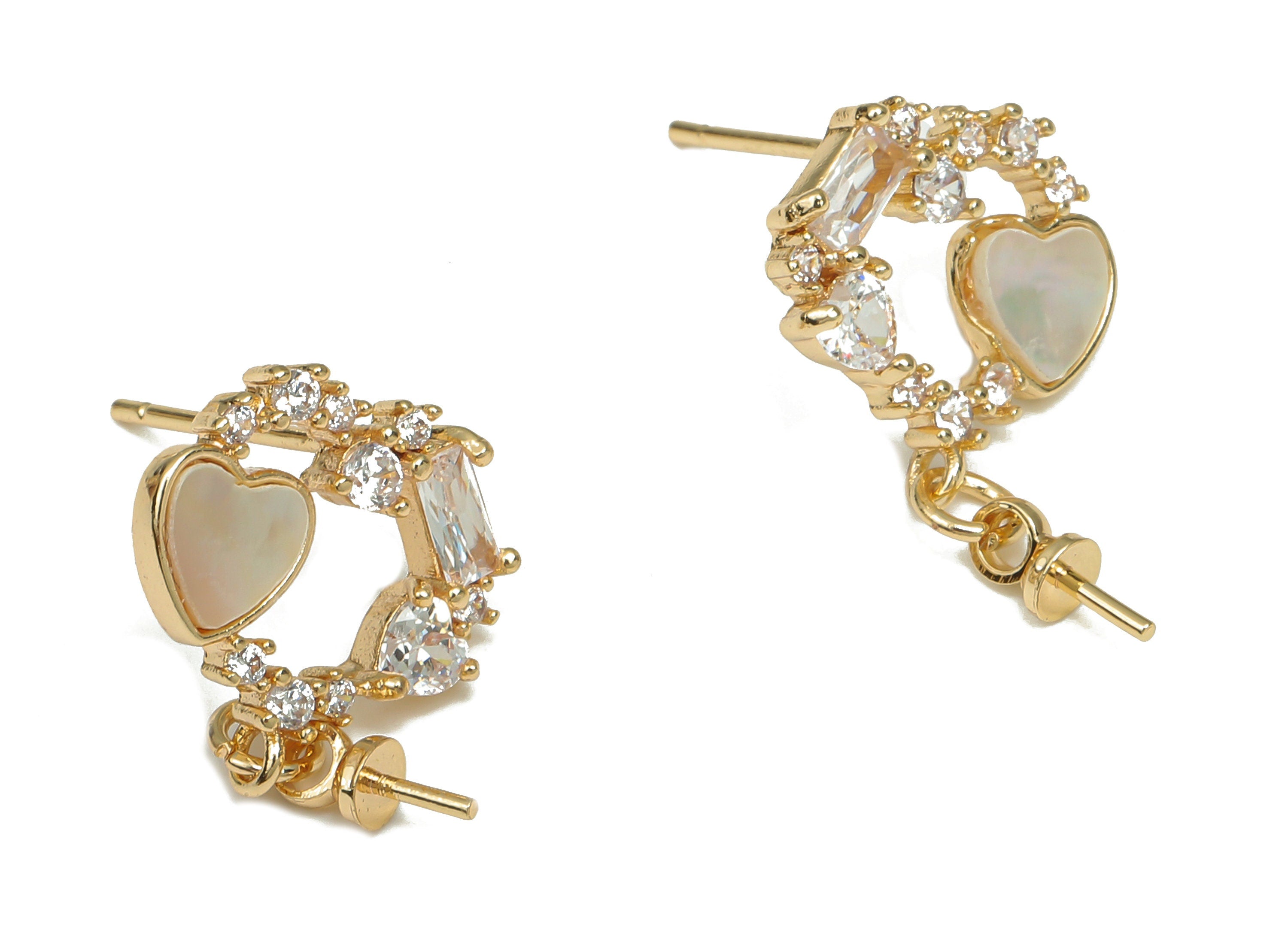 Brass Shell Heart Earring Stud - Zircon Heart Earring Post - 925 Silver Stud For Pearl - 18K Real Gold Plating - 20.1x12.8x2.58mm - RGP4644 - DOMEDBAZAAR