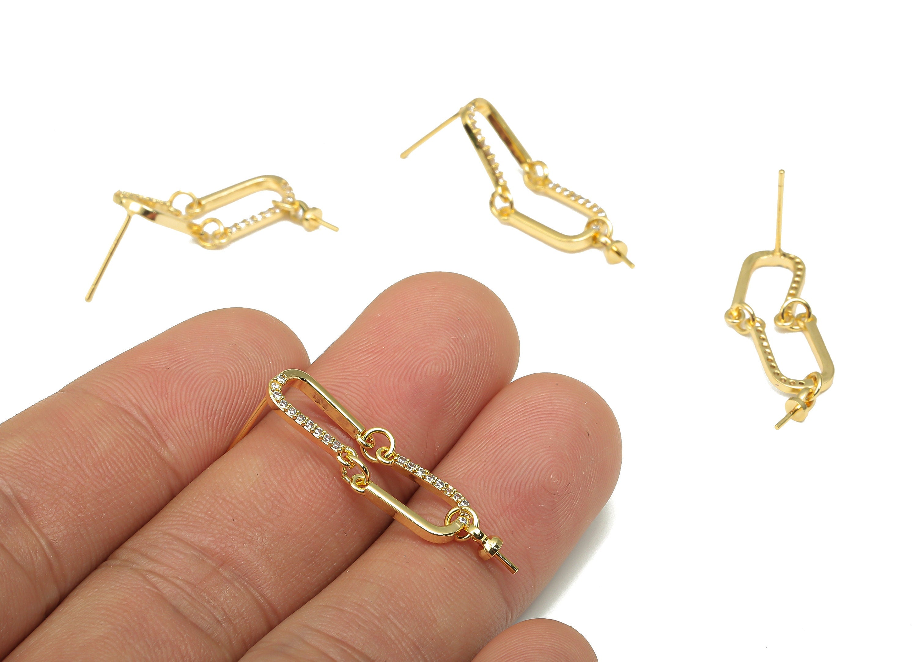 Brass U Earring Connector - Zircon Hanging U Earring Post - 925 Silver Stud For Pearl - 18K Real Gold Plating - 32.8x7.8x1.5mm - RGP4646 - DOMEDBAZAAR