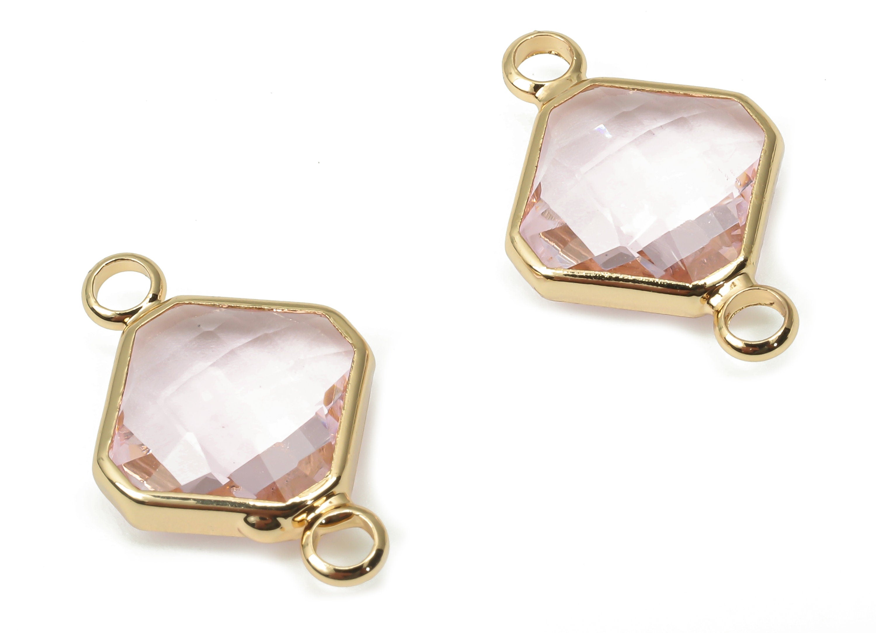Brass Glass Diamond Earring Connectors - Clear Pink Rhombic Frame Bracelet - Gold Tone Plating - Faceted Glass - 19.1x12.2x4.85mm - GS1136B - DOMEDBAZAAR