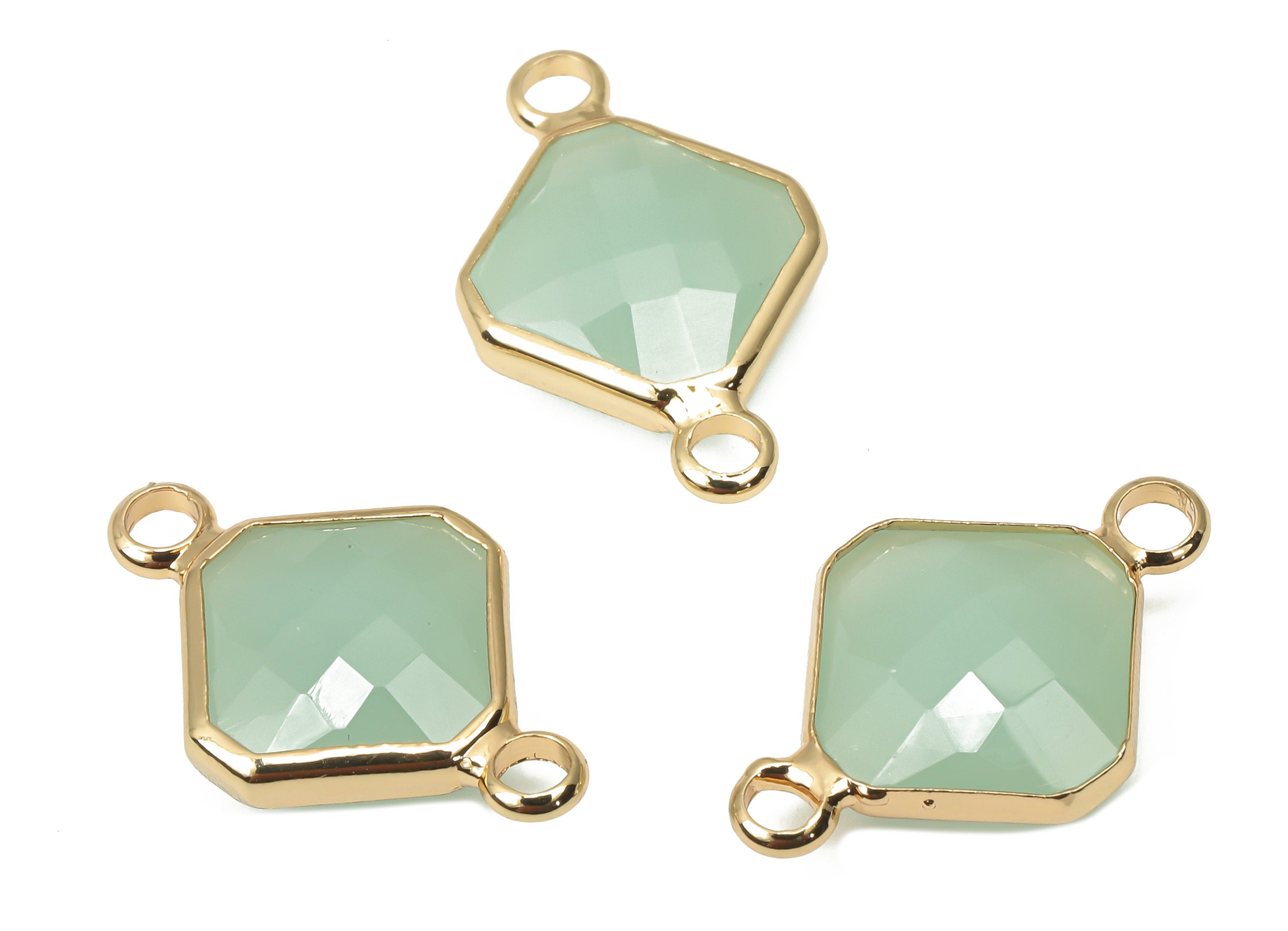 Brass Glass Diamond Earring Connectors - Green Rhombic Frame Bracelet - Gold Tone Plated Brass - Faceted Glass - 19.3x12.2x4.8mm - GS1136A - DOMEDBAZAAR