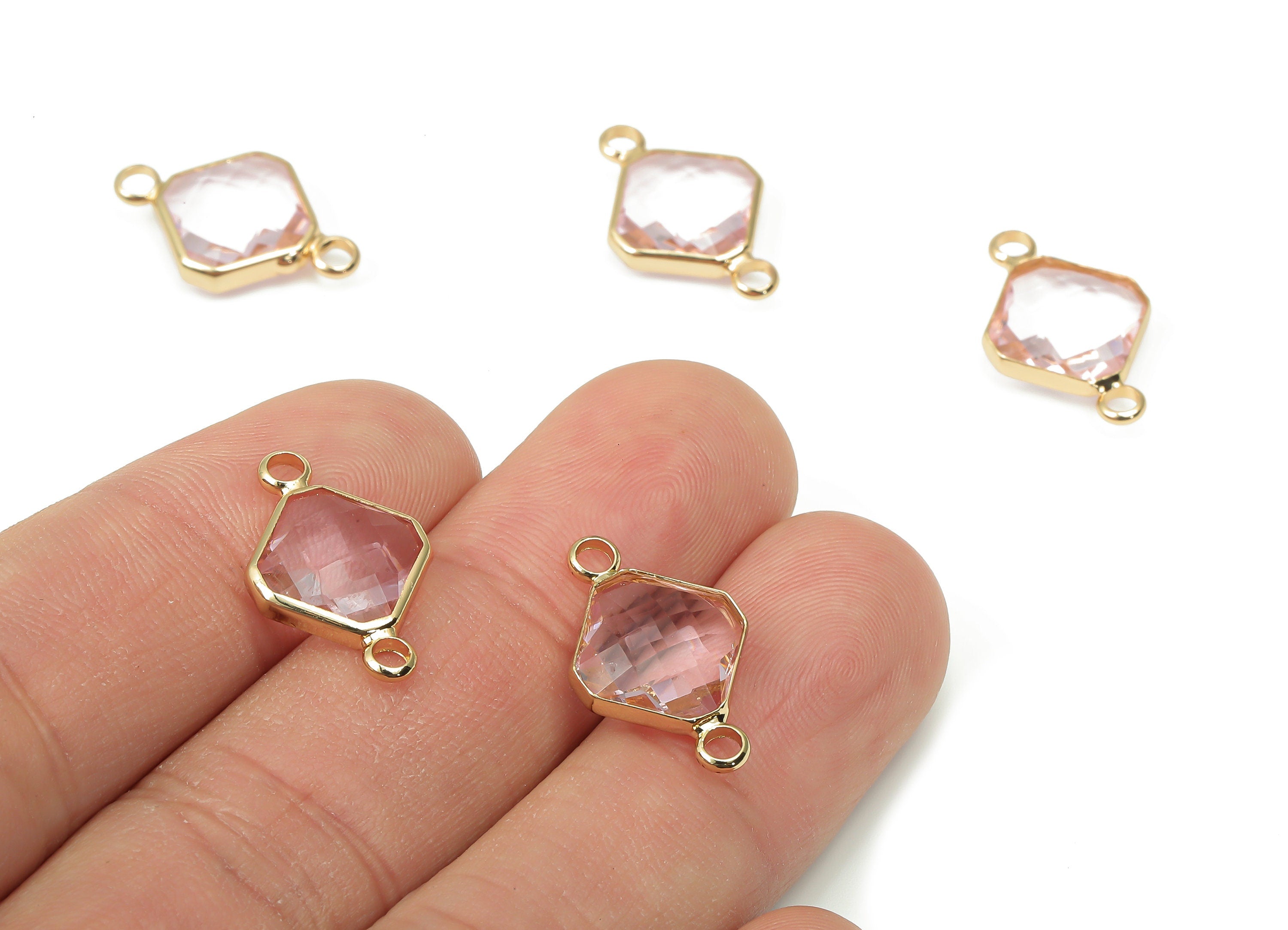 Brass Glass Diamond Earring Connectors - Clear Pink Rhombic Frame Bracelet - Gold Tone Plating - Faceted Glass - 19.1x12.2x4.85mm - GS1136B - DOMEDBAZAAR