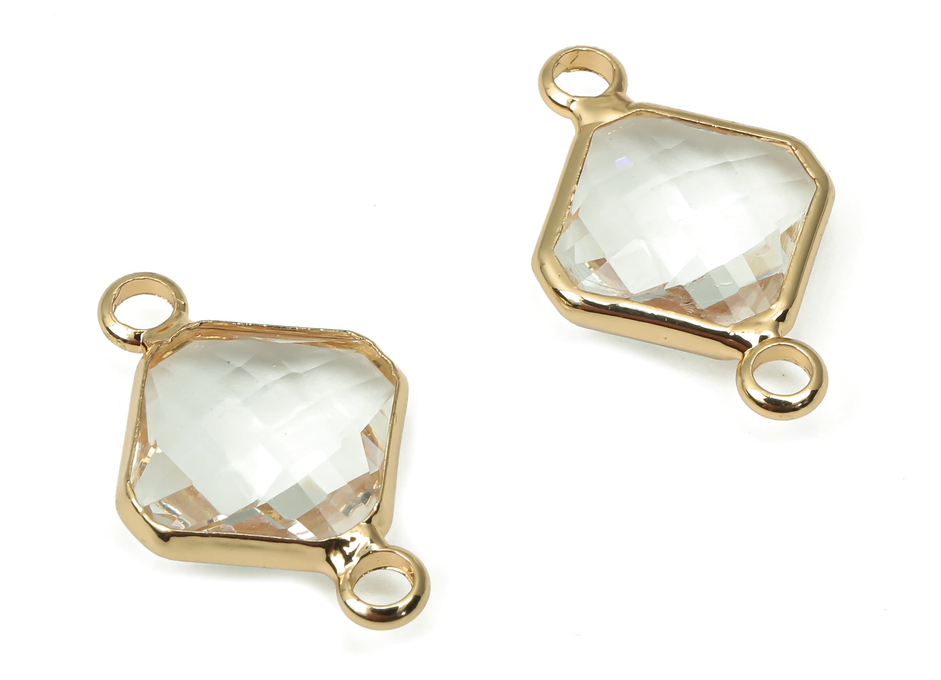 Brass Clear Glass Diamond Earring Connectors - Rhombic Frame Bracelet - Gold Tone Plating - Faceted Transparent Glass -19x12.2x4.9mm-GS1136C - DOMEDBAZAAR