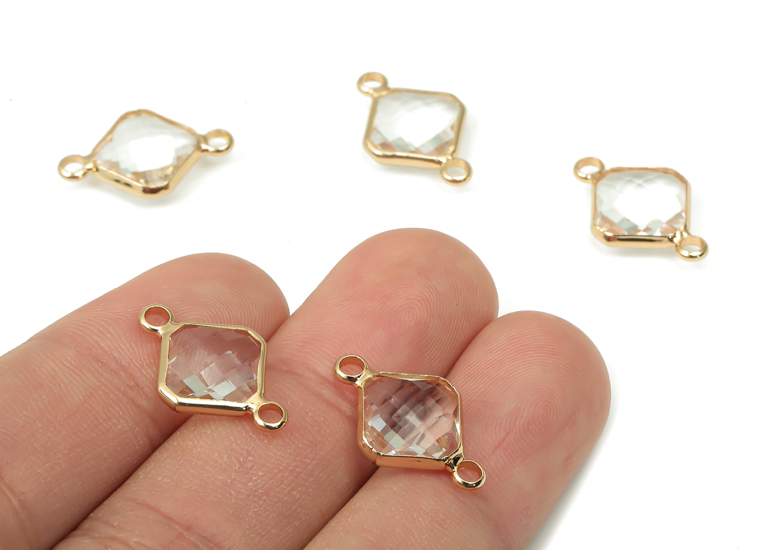 Brass Clear Glass Diamond Earring Connectors - Rhombic Frame Bracelet - Gold Tone Plating - Faceted Transparent Glass -19x12.2x4.9mm-GS1136C - DOMEDBAZAAR