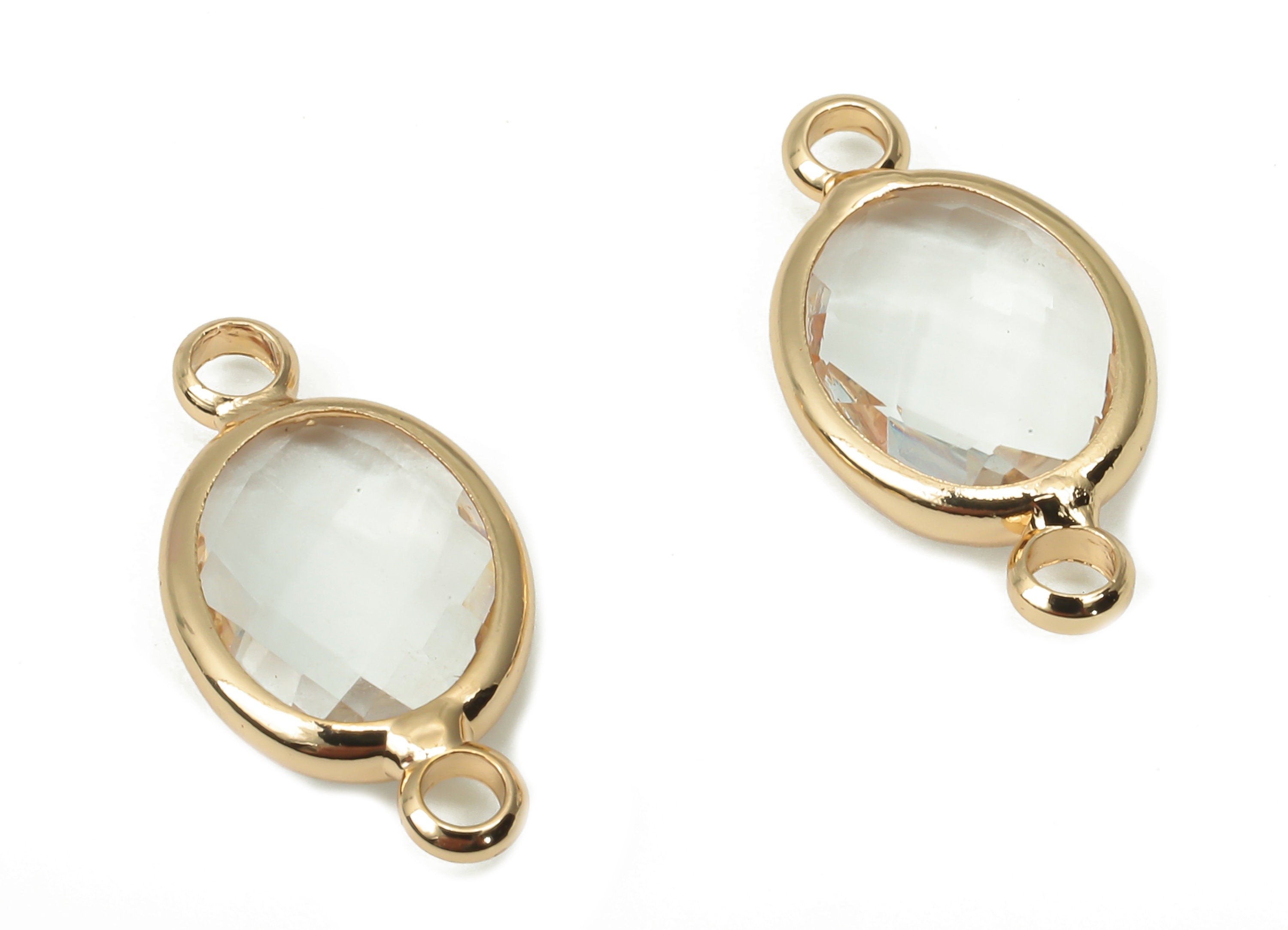 Brass Clear Glass Oval Earring Connector - Oval Frame Bracelet - Gold Tone Plating - Faceted Transparent Glass - 16.6x8.6x3.8mm - GS1137E - DOMEDBAZAAR