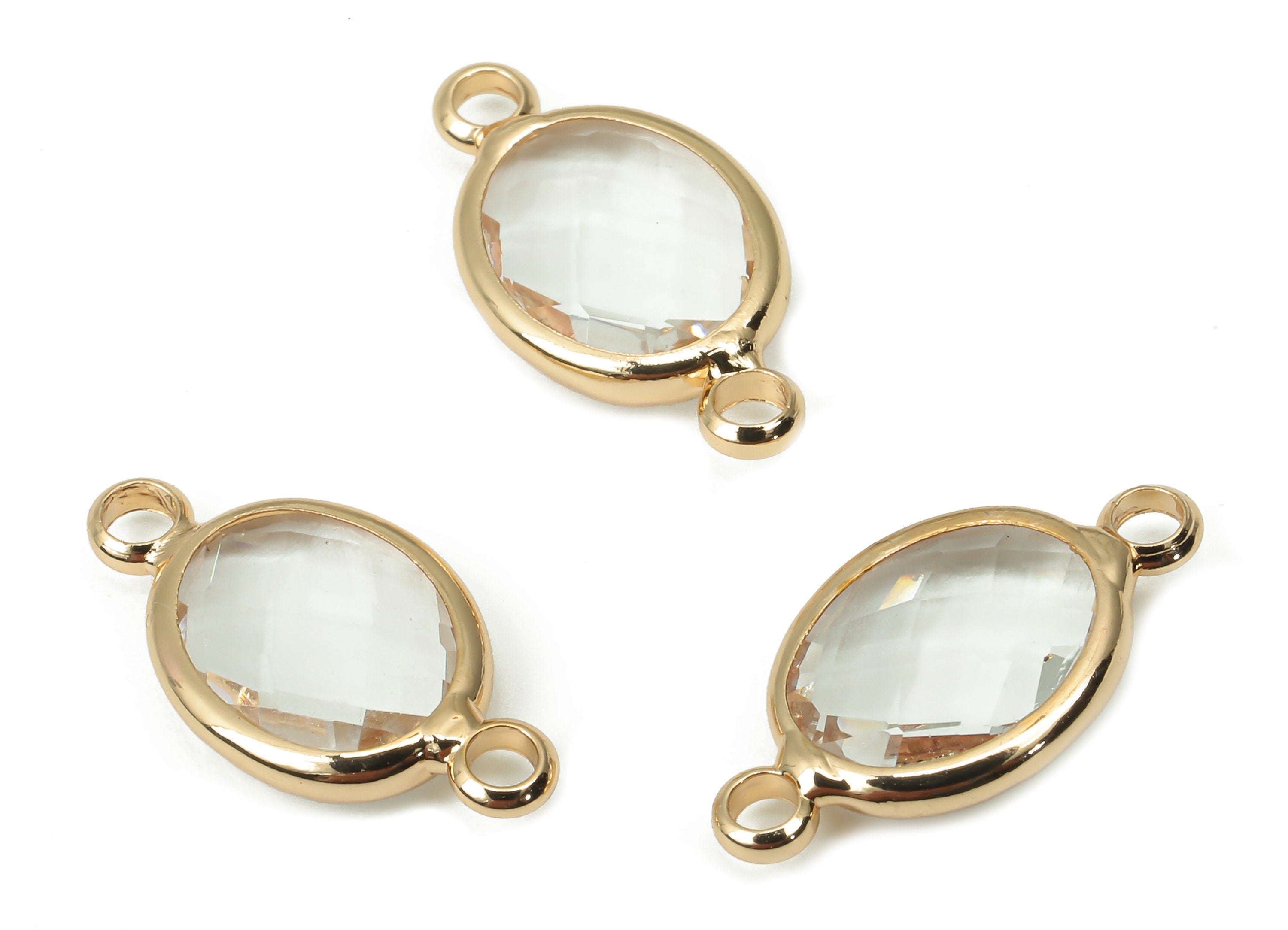 Brass Clear Glass Oval Earring Connector - Oval Frame Bracelet - Gold Tone Plating - Faceted Transparent Glass - 16.6x8.6x3.8mm - GS1137E - DOMEDBAZAAR