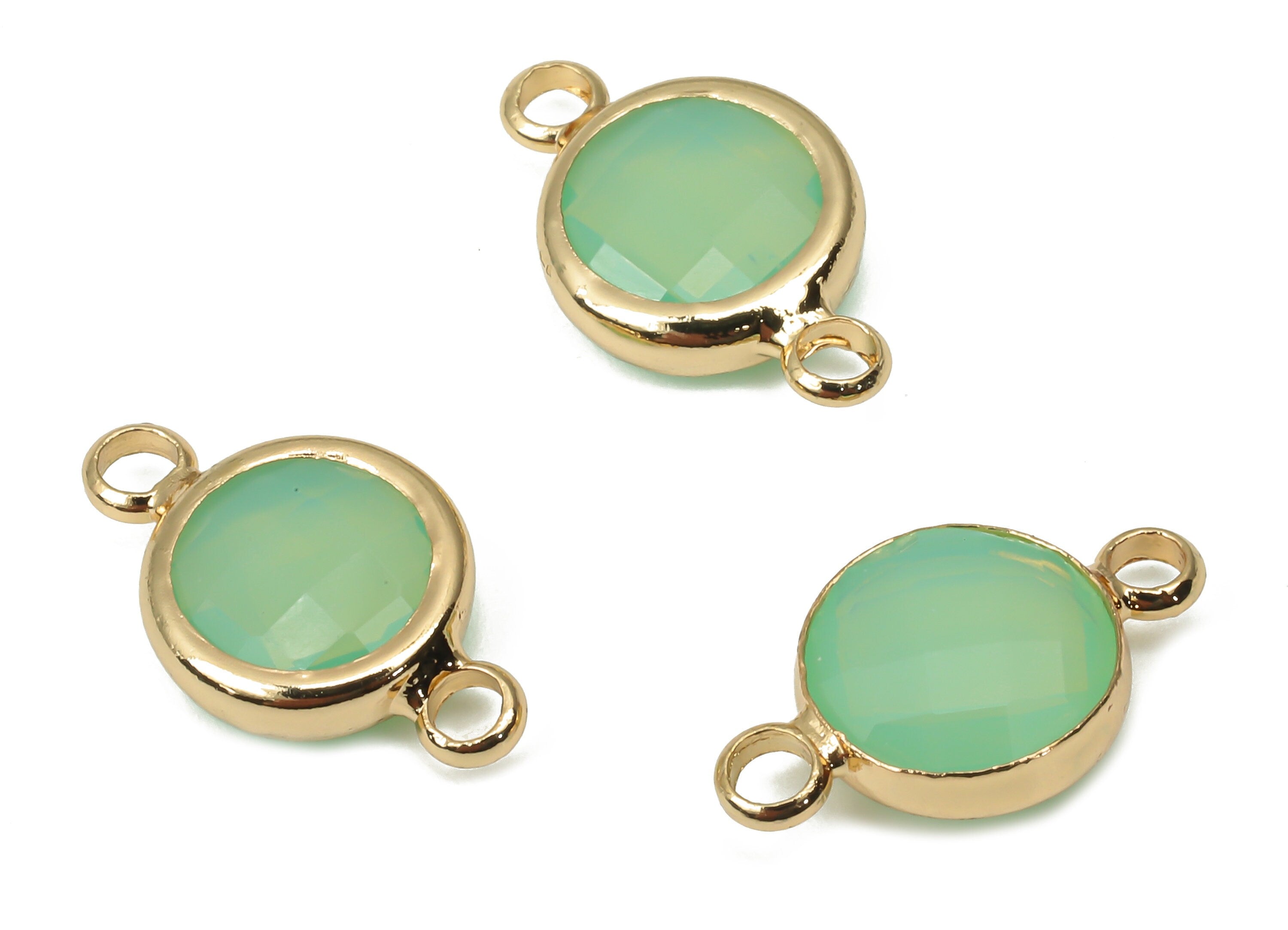 Brass Glass Round Earring Connector - Green Circle Frame Bracelet - Gold Tone Plated Brass - Faceted Glass - 14.4x8.7x3.3mm - GS1138A - DOMEDBAZAAR