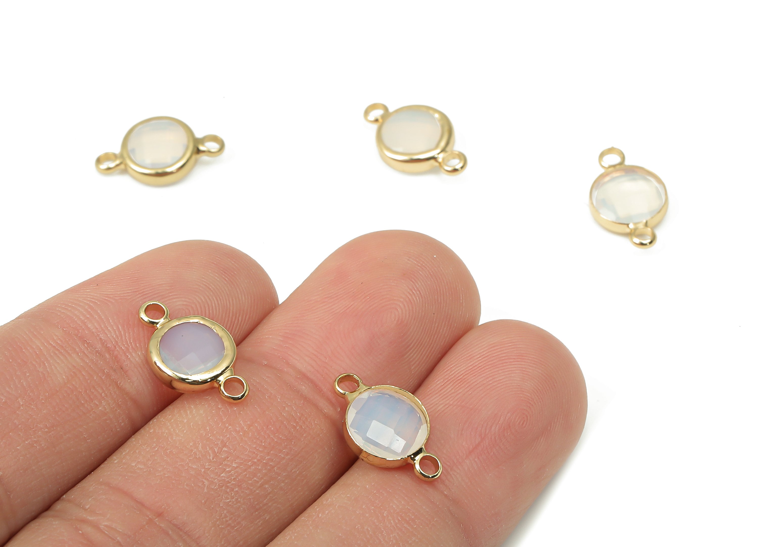 Brass Glass Round Earring Connector - White Circle Frame Bracelet - Gold Tone Plated Brass - Faceted Glass - 14.4x8.7x3.3mm - GS1138C - DOMEDBAZAAR