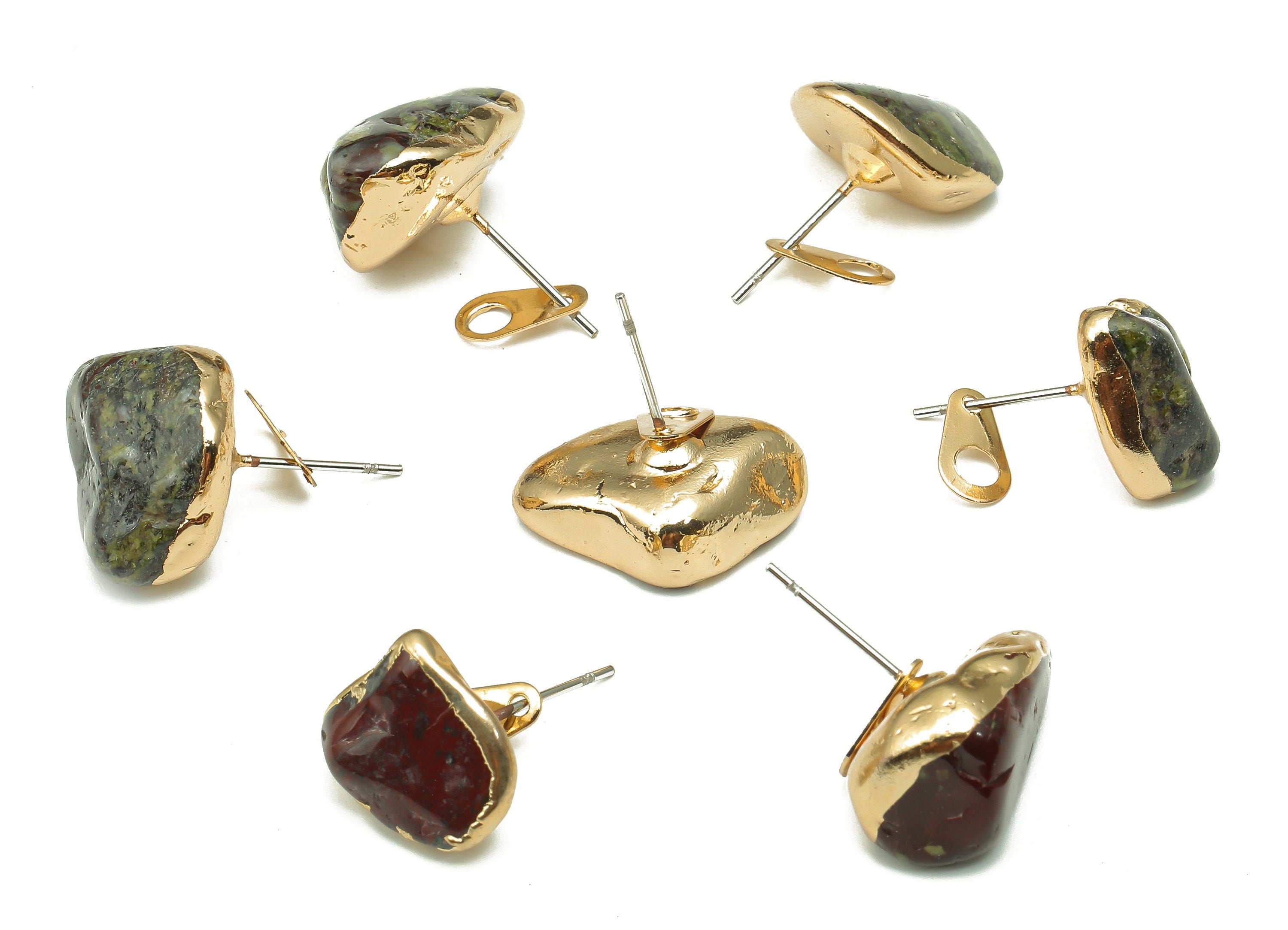 Dragon Blood Jasper Earring - Natural Stone Earring Post - Gold Tone Plated Brass - Stone Earring Stud - 14.22x13.46x8.27mm - NS1866A - DOMEDBAZAAR