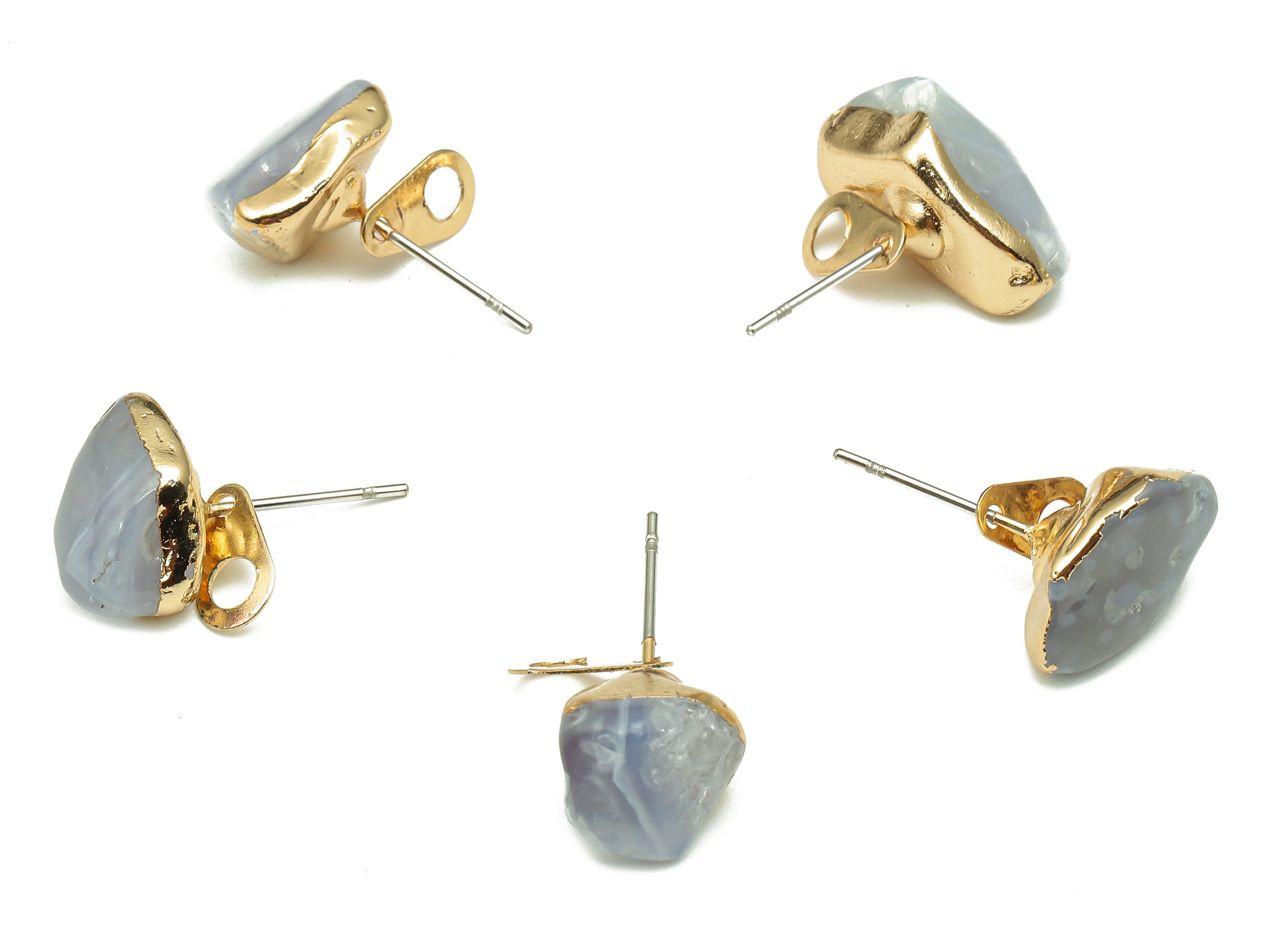 Gold Agate Earring Stud - Blue Lace Agate Crystal Earring - Natural Stone Earring Post - Gold Tone Plated Brass - 13.9x9.9x9.4mm - NS1866C - DOMEDBAZAAR
