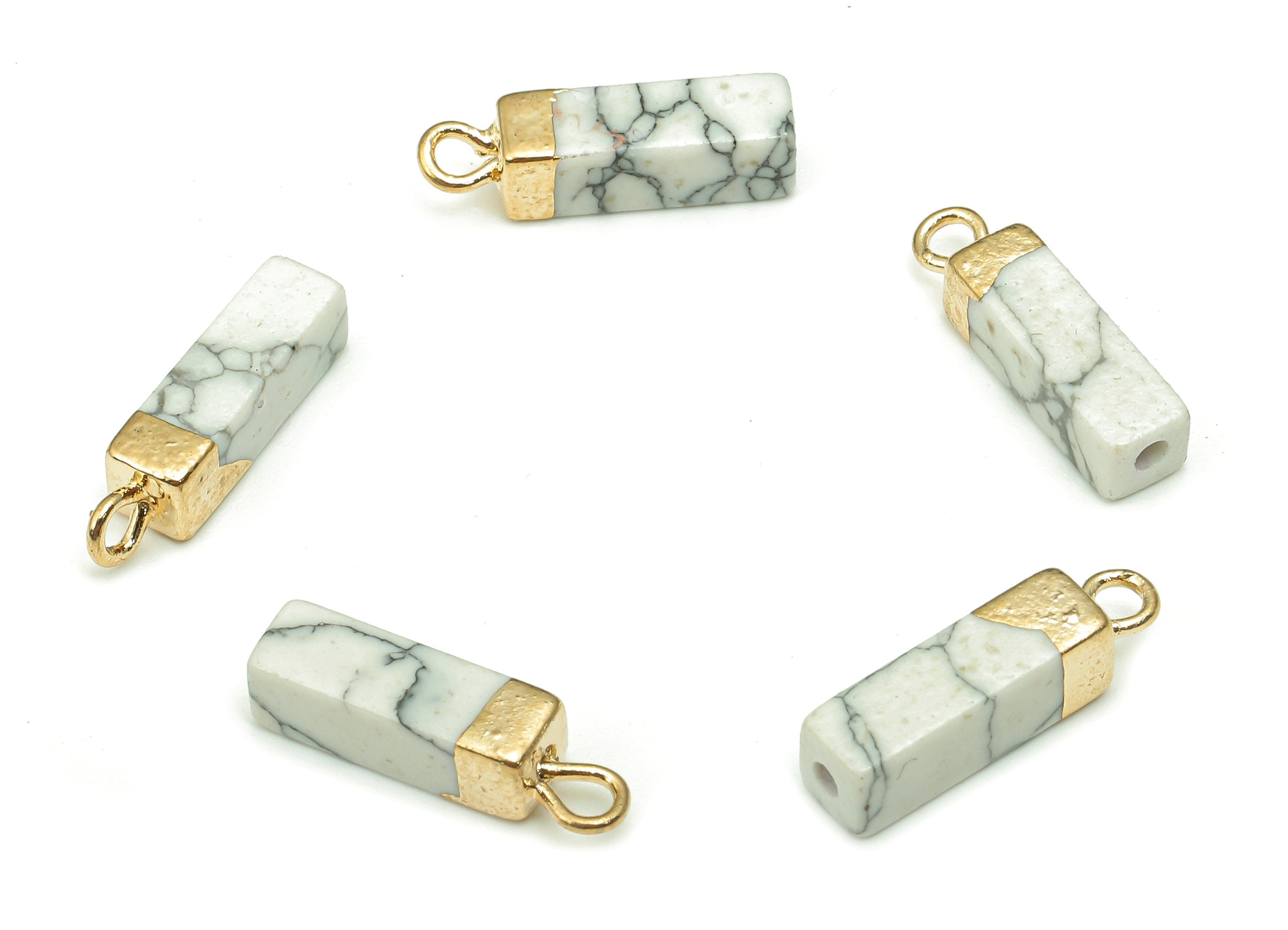 Howlite Earring Charms - Iron White Rectangle Pendant - Natural Stone Earring - Gold Tone Plated Brass - 16.98x4.57x4.57mm - NS1867D - DOMEDBAZAAR