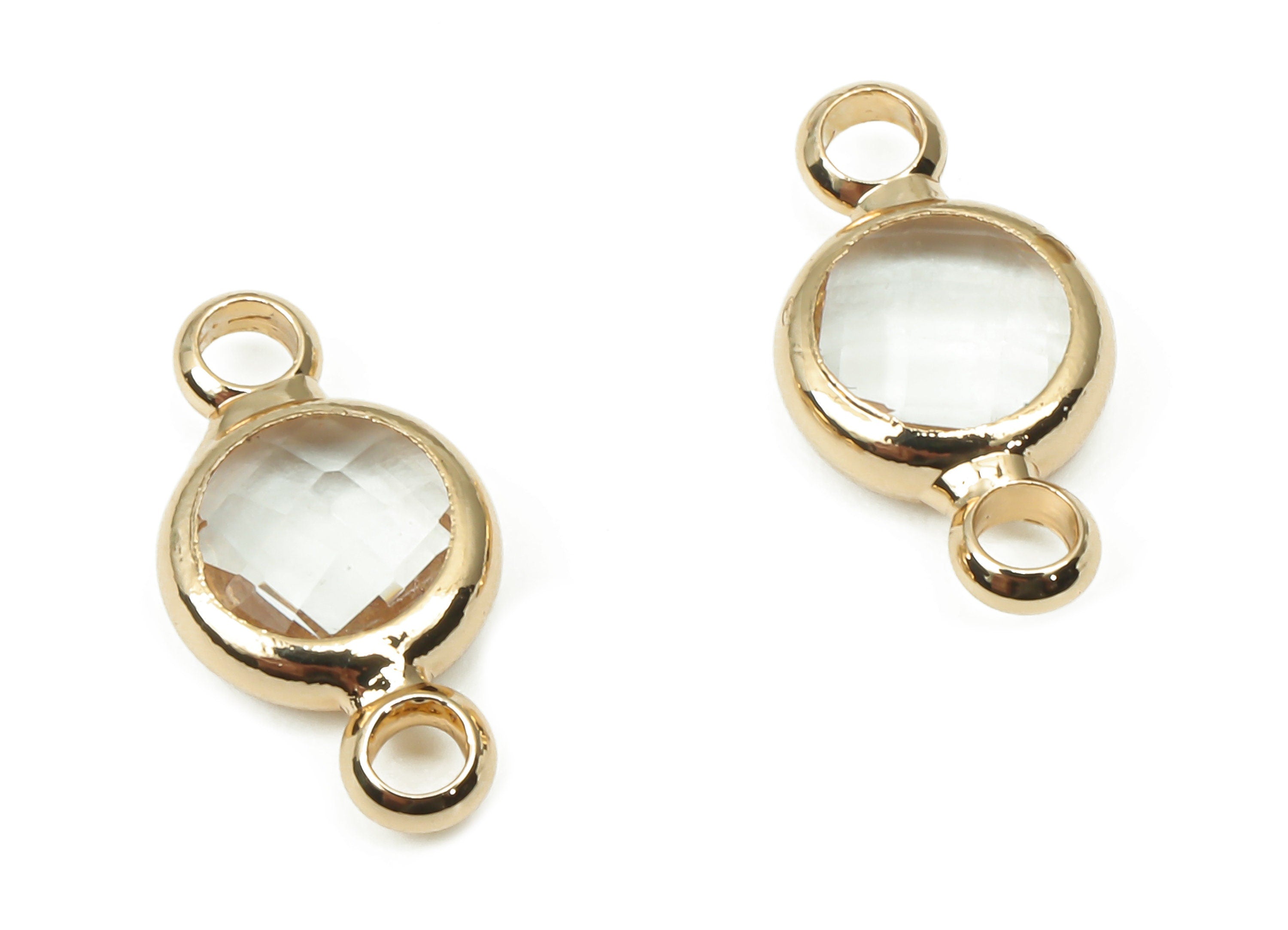 Brass Clear Glass Earring Connector - Mini Round Frame Bracelet Charm - Gold Tone Plating - Faceted Transparent Glass-12.5x6.7x2.3mm-GS1139B - DOMEDBAZAAR