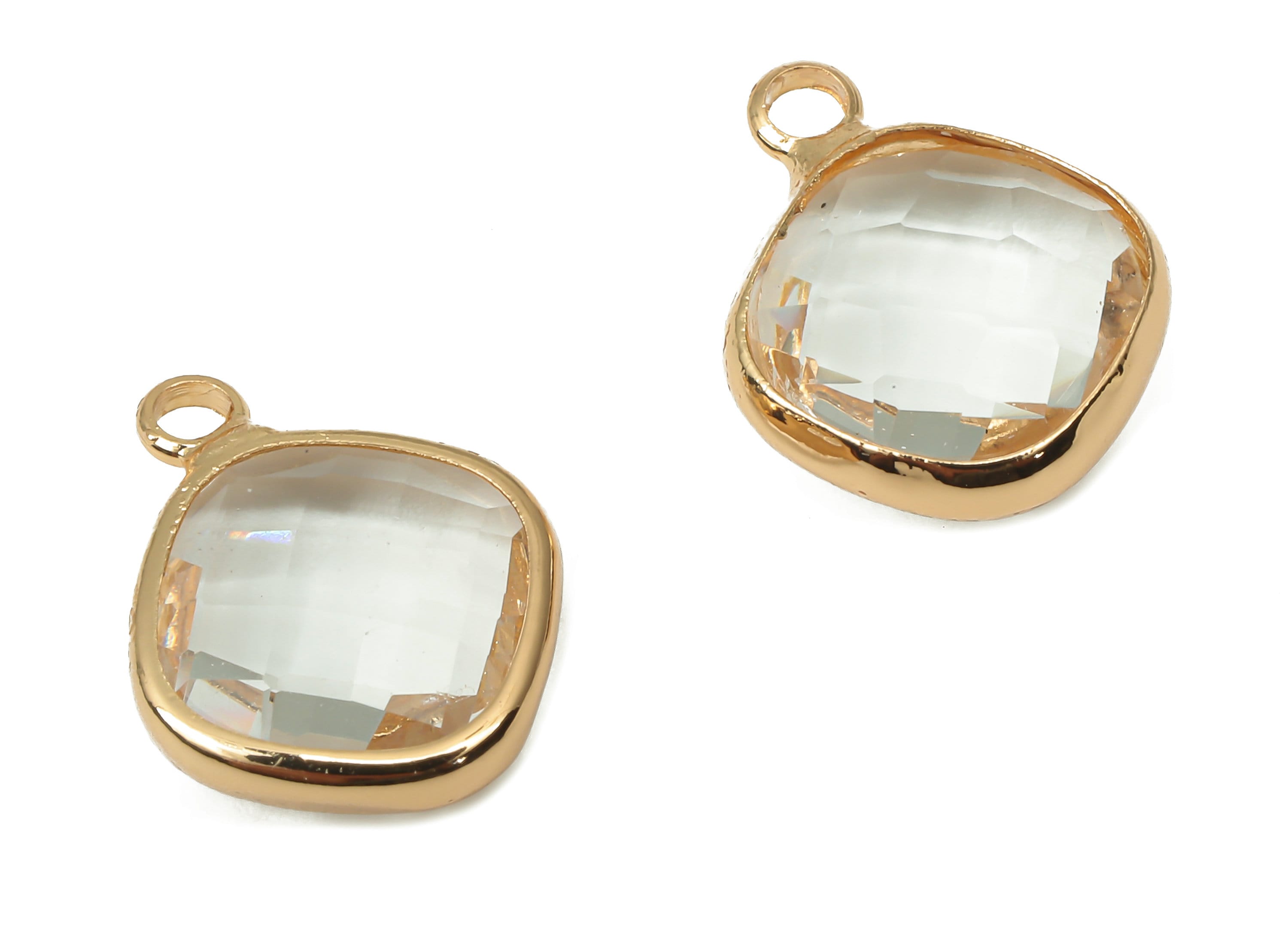 Square Clear Glass Pendant - Brass Frame Necklace With Loop - Gold Tone Plating Earring - Faceted Transparent Glass - 14.4x11.5x4mm -GS1140A - DOMEDBAZAAR