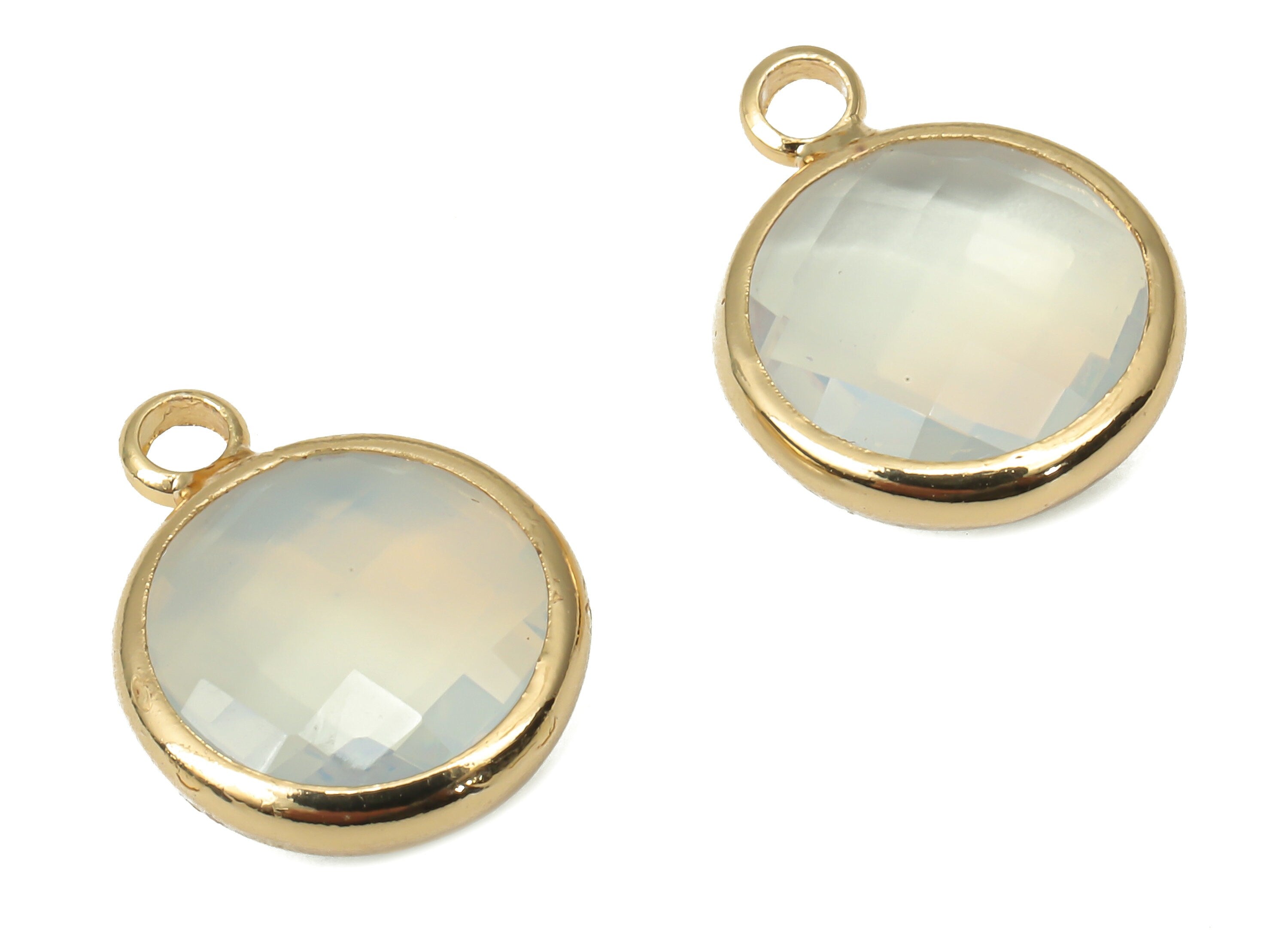Brass Round Glass Pendant - Brass Frame Necklace Charm With Loop - Gold Tone Plating Earring - Faceted White Glass - 14.1x10.6x3.8mm-GS1141D - DOMEDBAZAAR