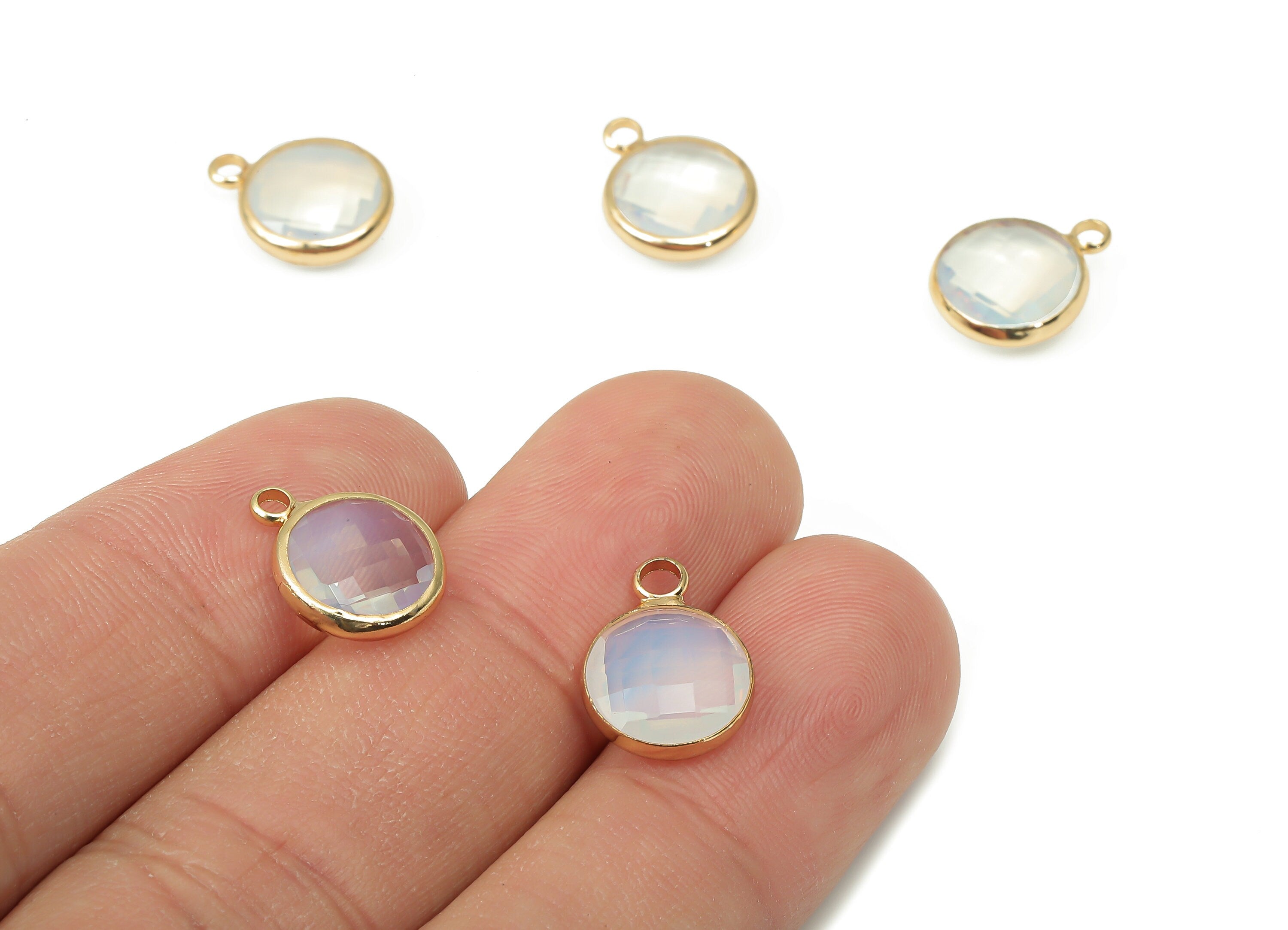 Brass Round Glass Pendant - Brass Frame Necklace Charm With Loop - Gold Tone Plating Earring - Faceted White Glass - 14.1x10.6x3.8mm-GS1141D - DOMEDBAZAAR