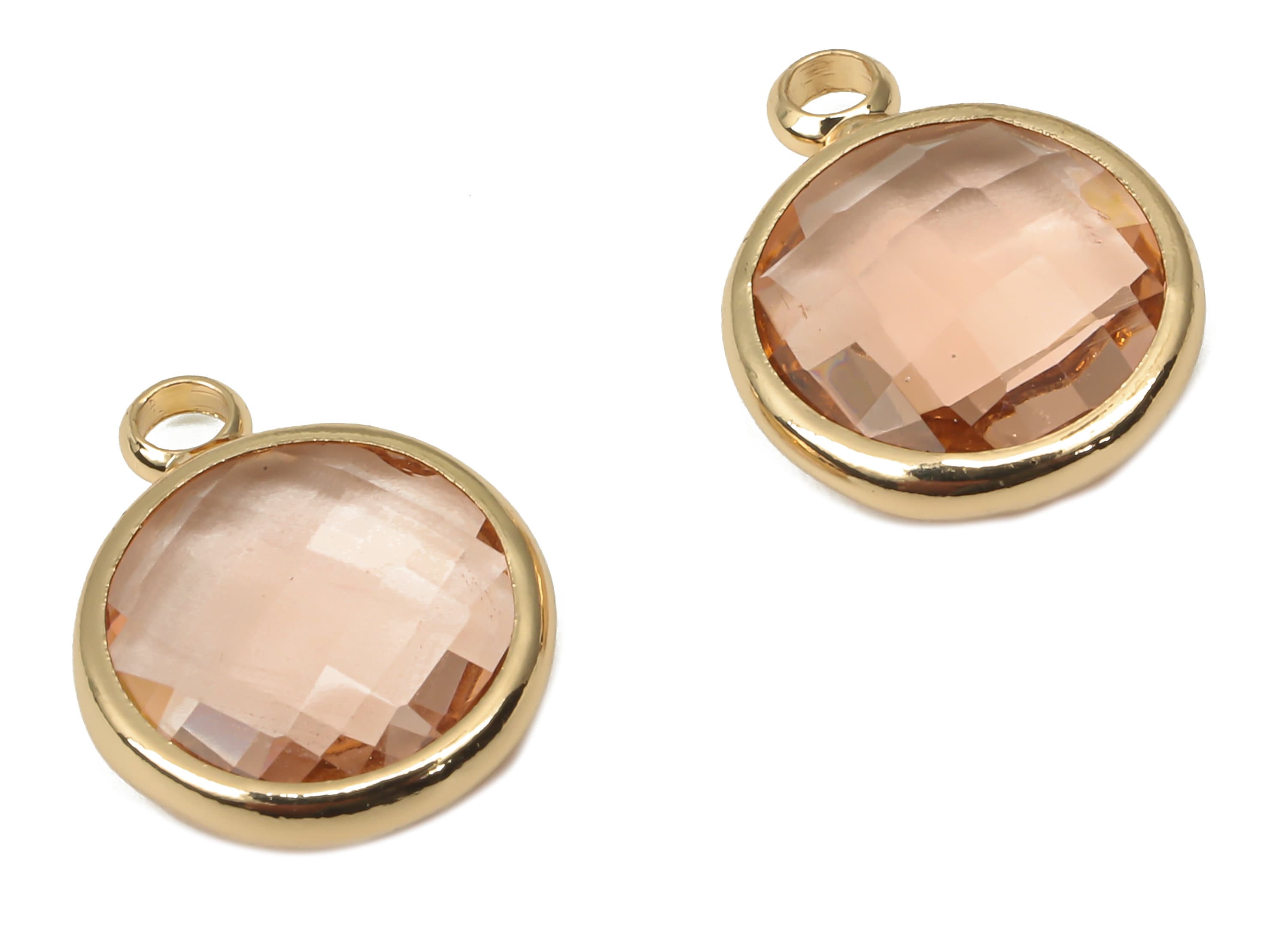 Brass Round Glass Pendant - Brass Frame Charm With Loop - Gold Tone Plating Earring - Faceted Mink Color Glass - 14.1x10.6x3.8mm - GS1141E - DOMEDBAZAAR
