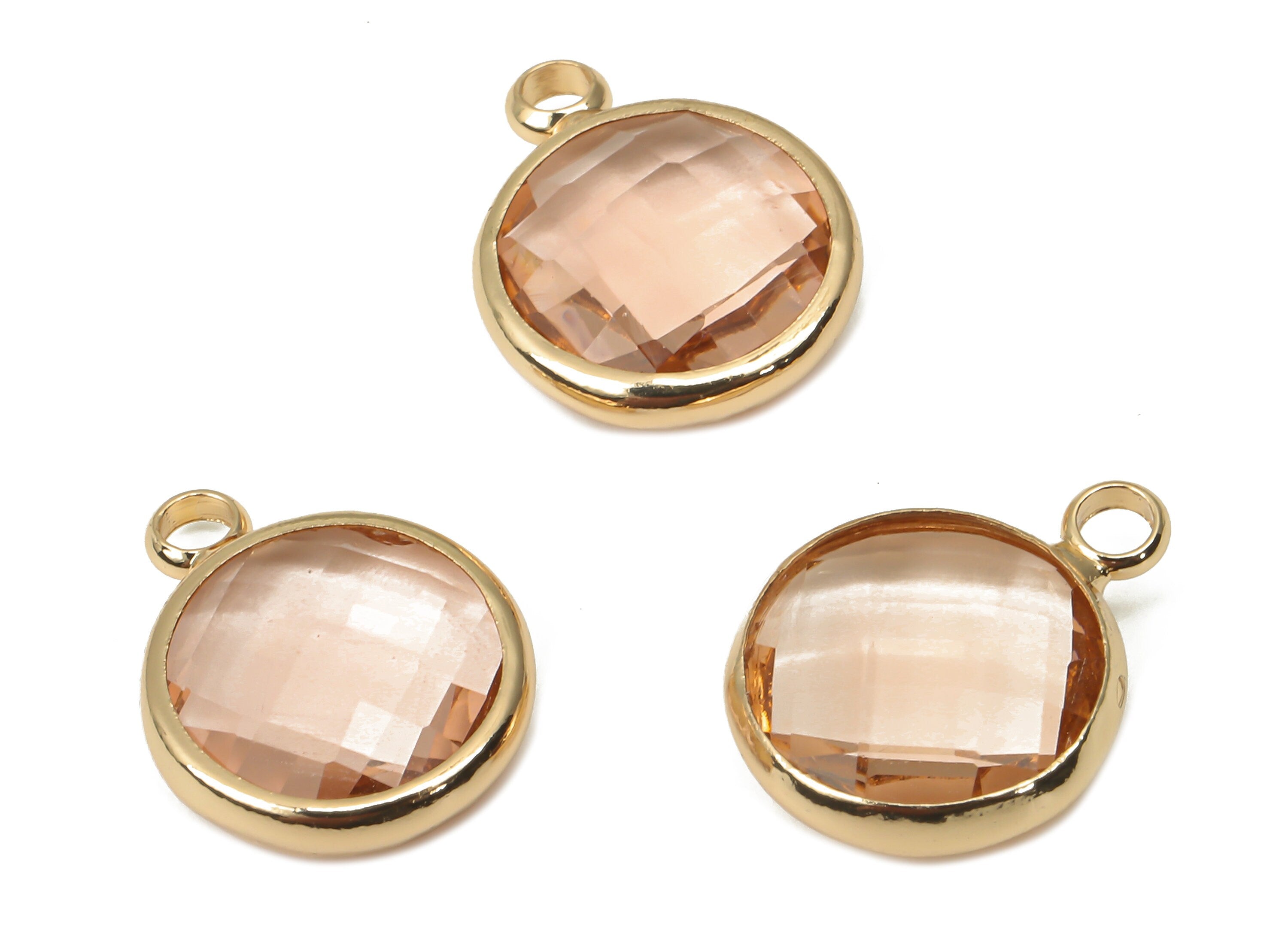 Brass Round Glass Pendant - Brass Frame Charm With Loop - Gold Tone Plating Earring - Faceted Mink Color Glass - 14.1x10.6x3.8mm - GS1141E - DOMEDBAZAAR